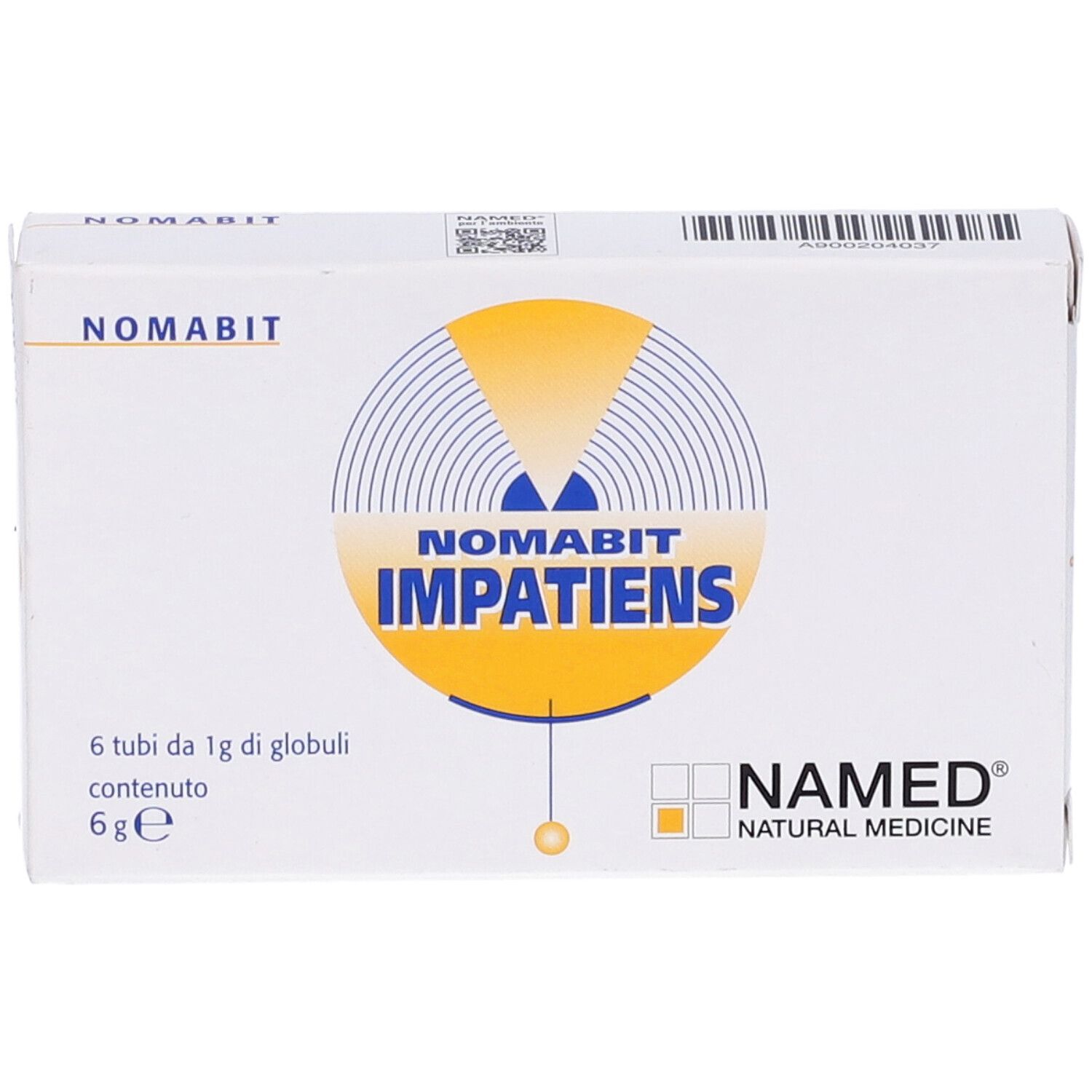 Scatola bianca con logo giallo e testo: Nomabit Impatiens. 6 tubi di globuli, 6 g. Marchio: NAMED Natural Medicine.