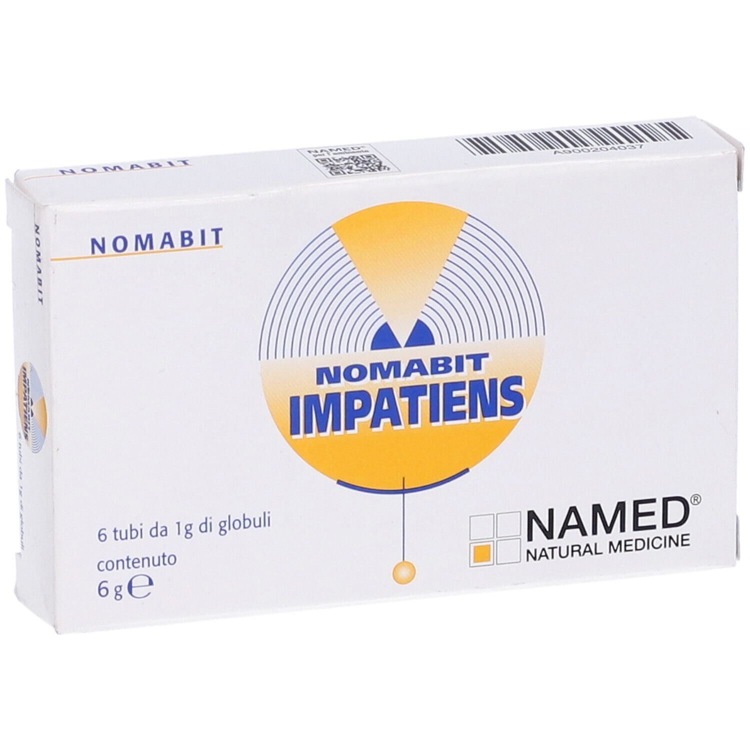 Scatola bianca con logo giallo e testo: Nomabit Impatiens. 6 tubi di globuli, 6 g. Marchio: NAMED Natural Medicine.
