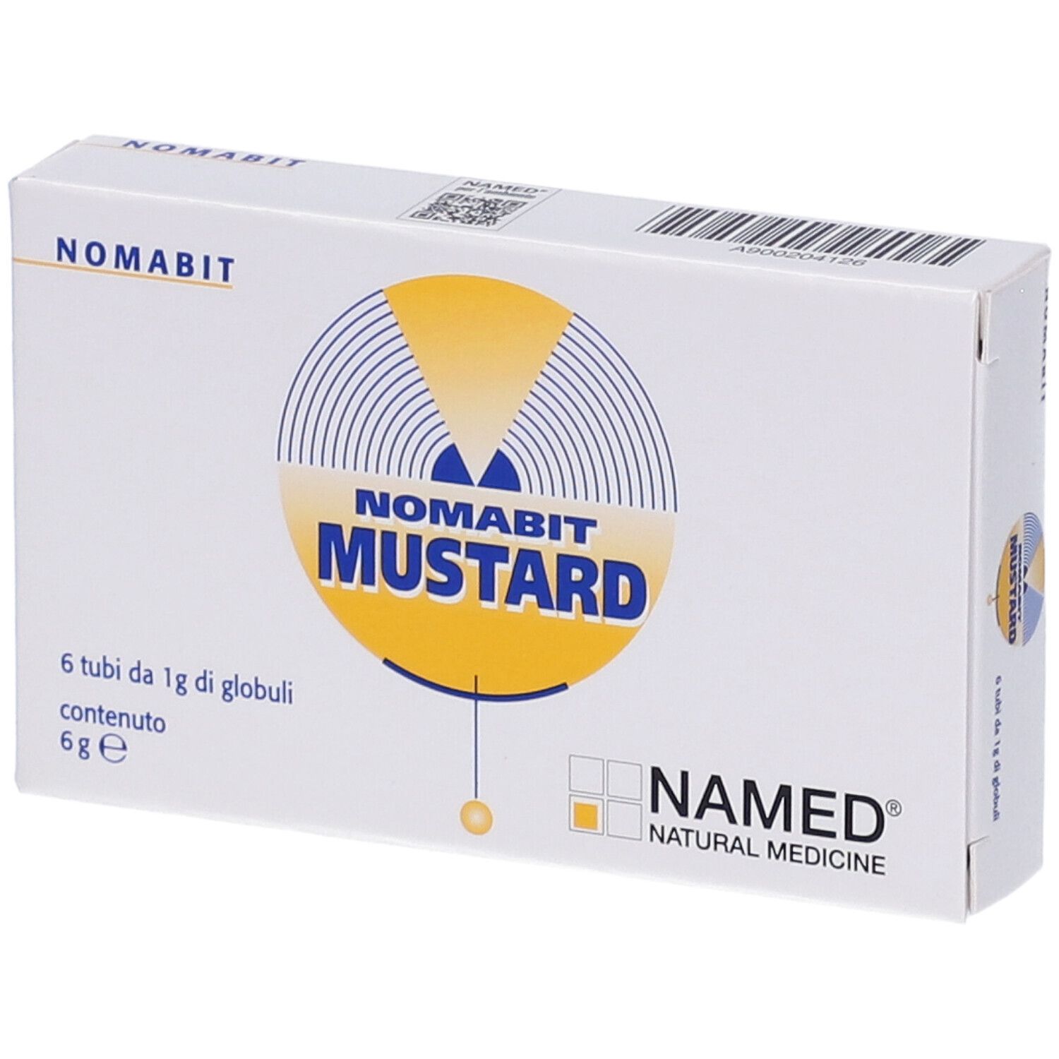 Scatola bianca con logo NOMABIT MUSTARD. Contiene 6 tubi di globuli. Logo NAMED in basso a destra.