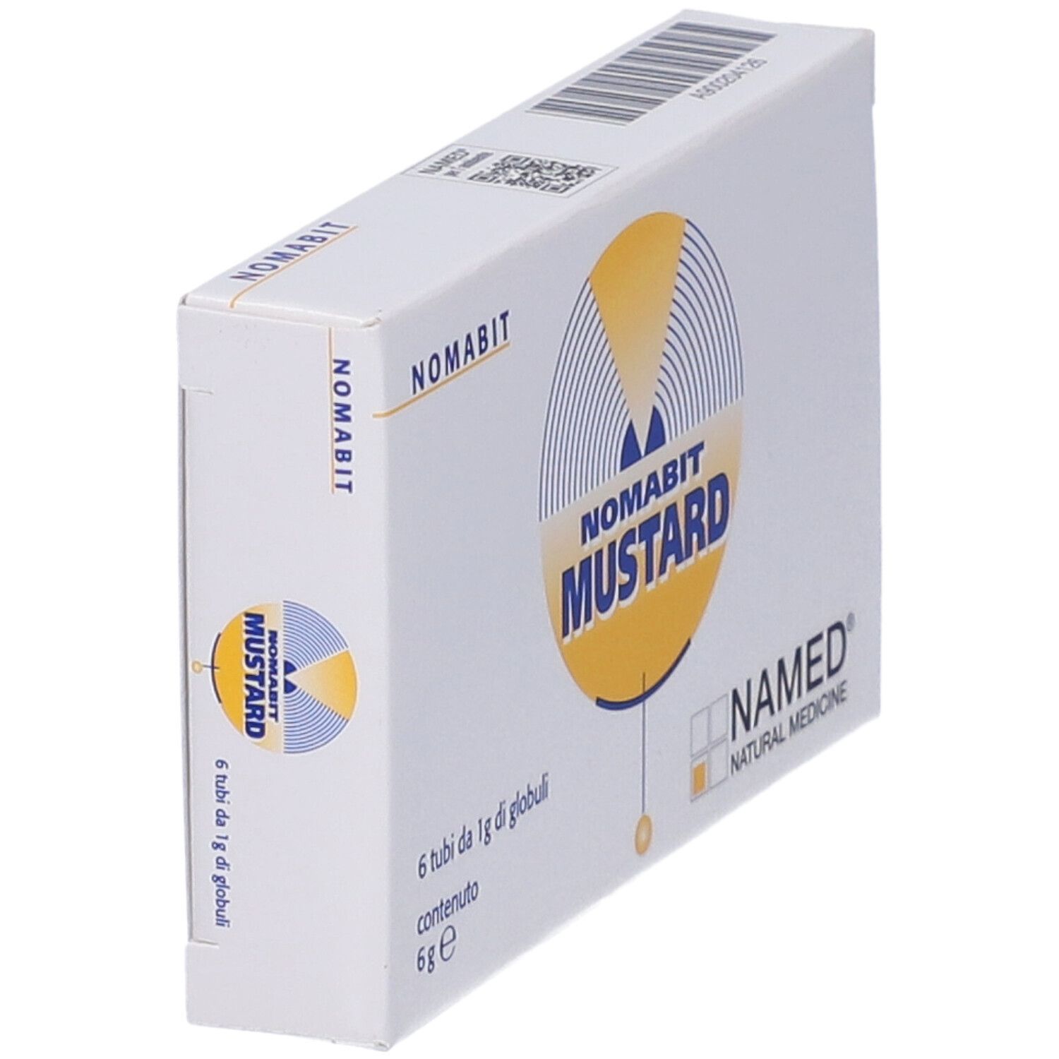 Scatola con logo NOMABIT MUSTARD. Contiene 6 tubi di globuli. Logo NAMED. Vista prospettica.
