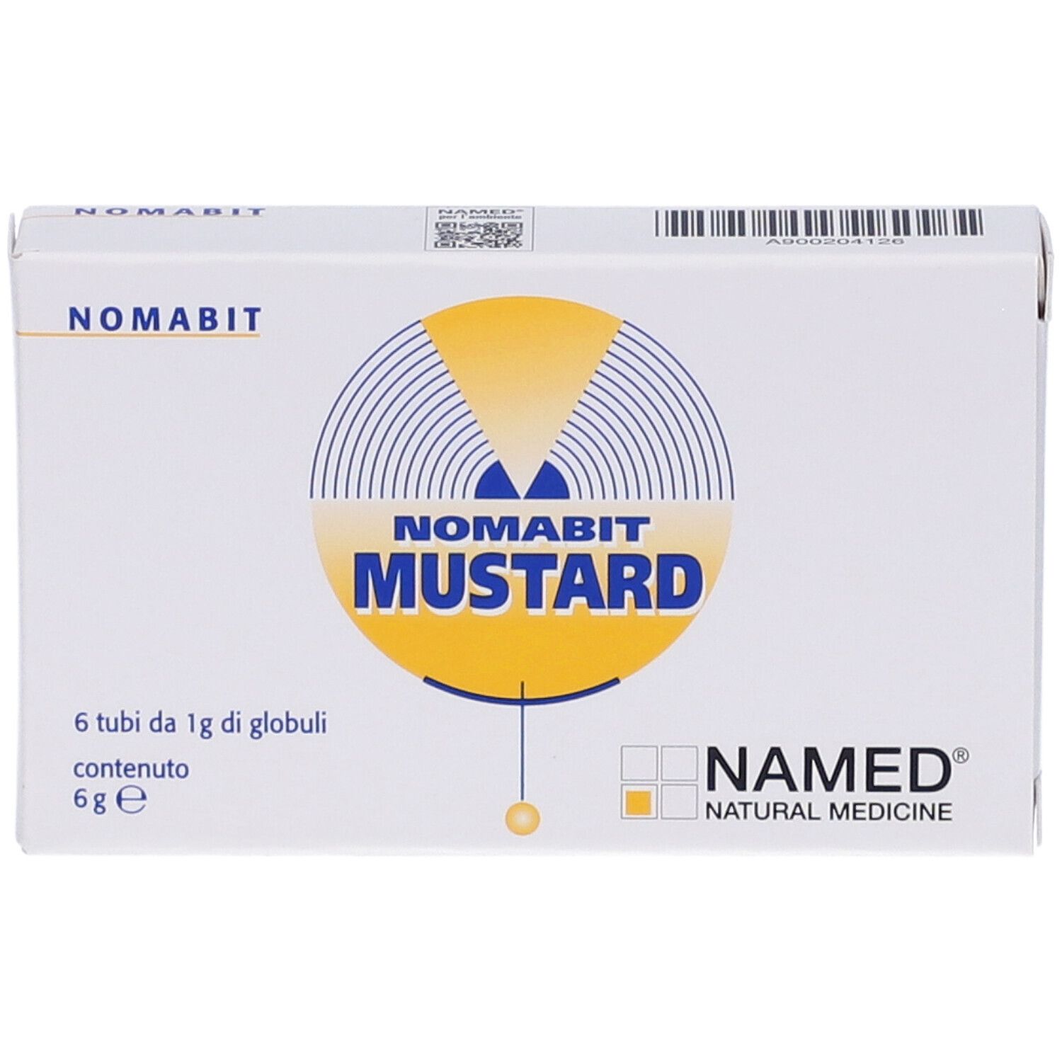 Scatola bianca con logo NOMABIT MUSTARD. Contiene 6 tubi di globuli. Logo NAMED in basso a destra.