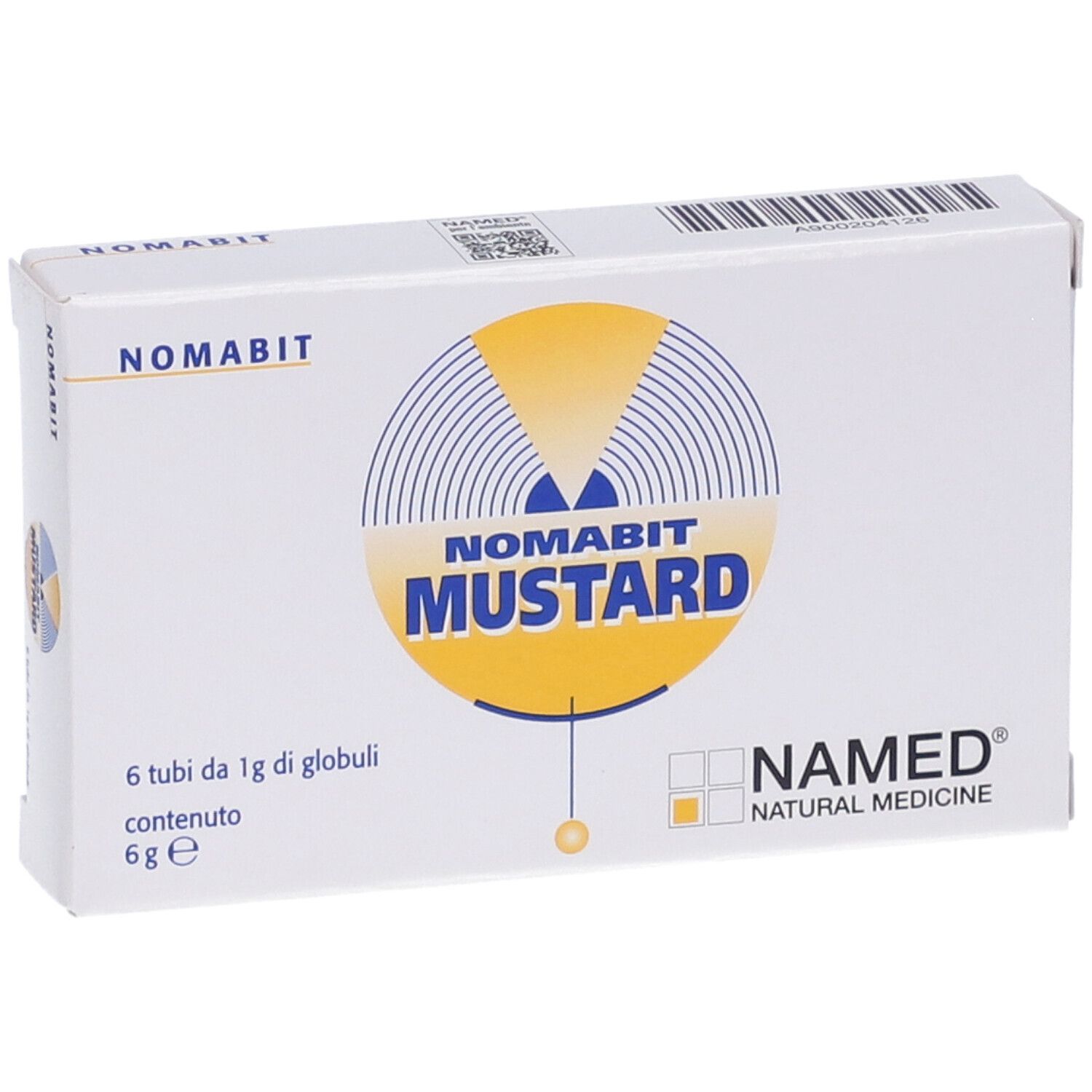 Scatola bianca con logo NOMABIT MUSTARD. Contiene 6 tubi di globuli. Logo NAMED in basso a destra.