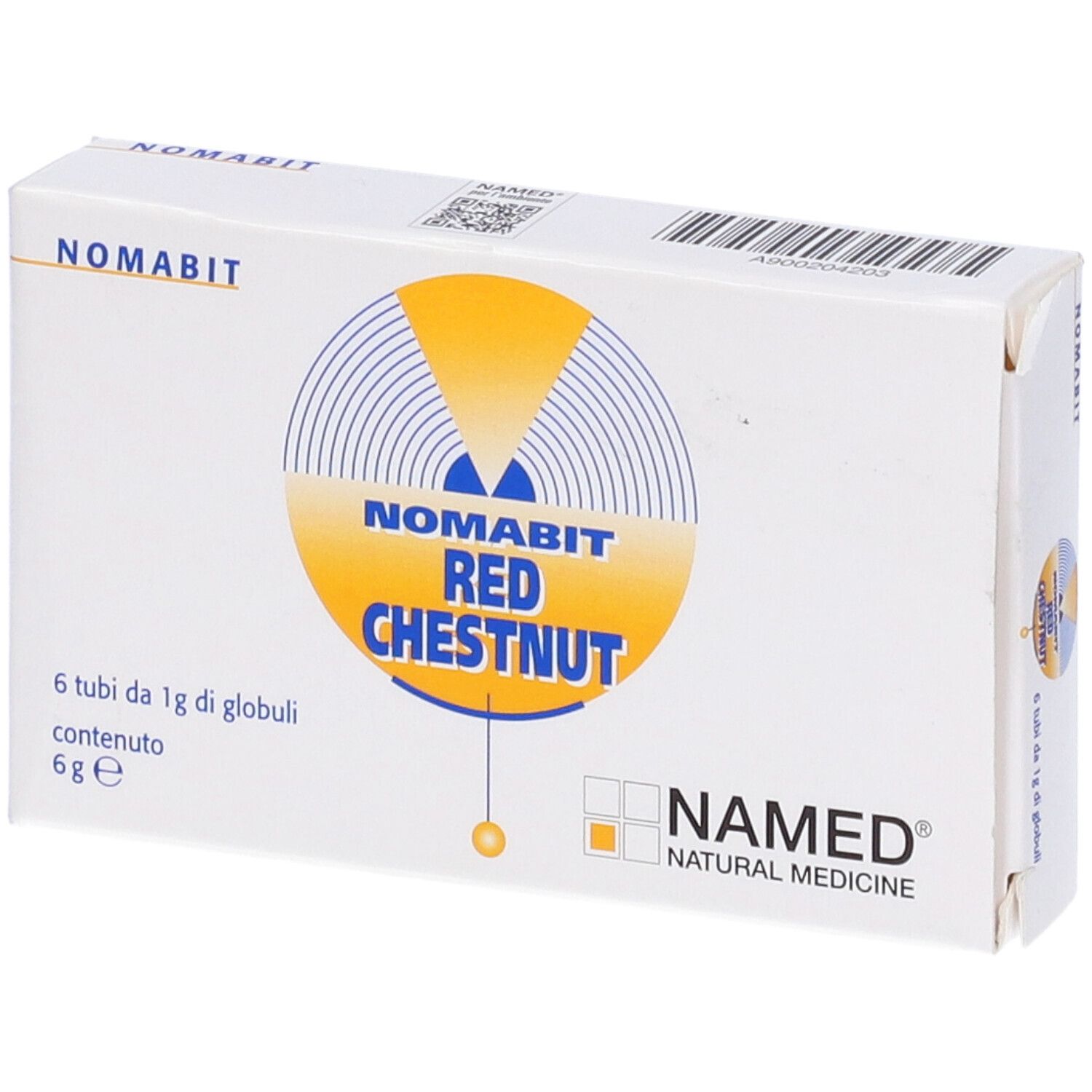 Scatola bianca con logo giallo e testo. Scritto: NOMABIT RED CHESTNUT. Marchio: NAMED NATURAL MEDICINE.