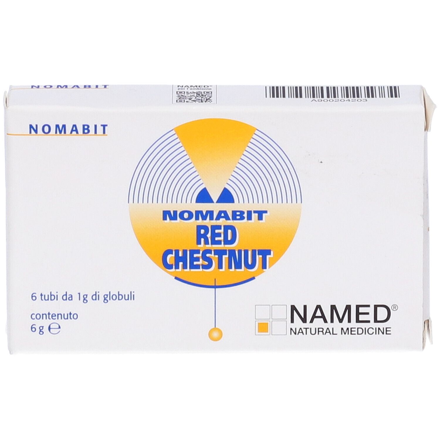 Scatola bianca con logo giallo e testo. Scritto: NOMABIT RED CHESTNUT. Marchio: NAMED NATURAL MEDICINE.
