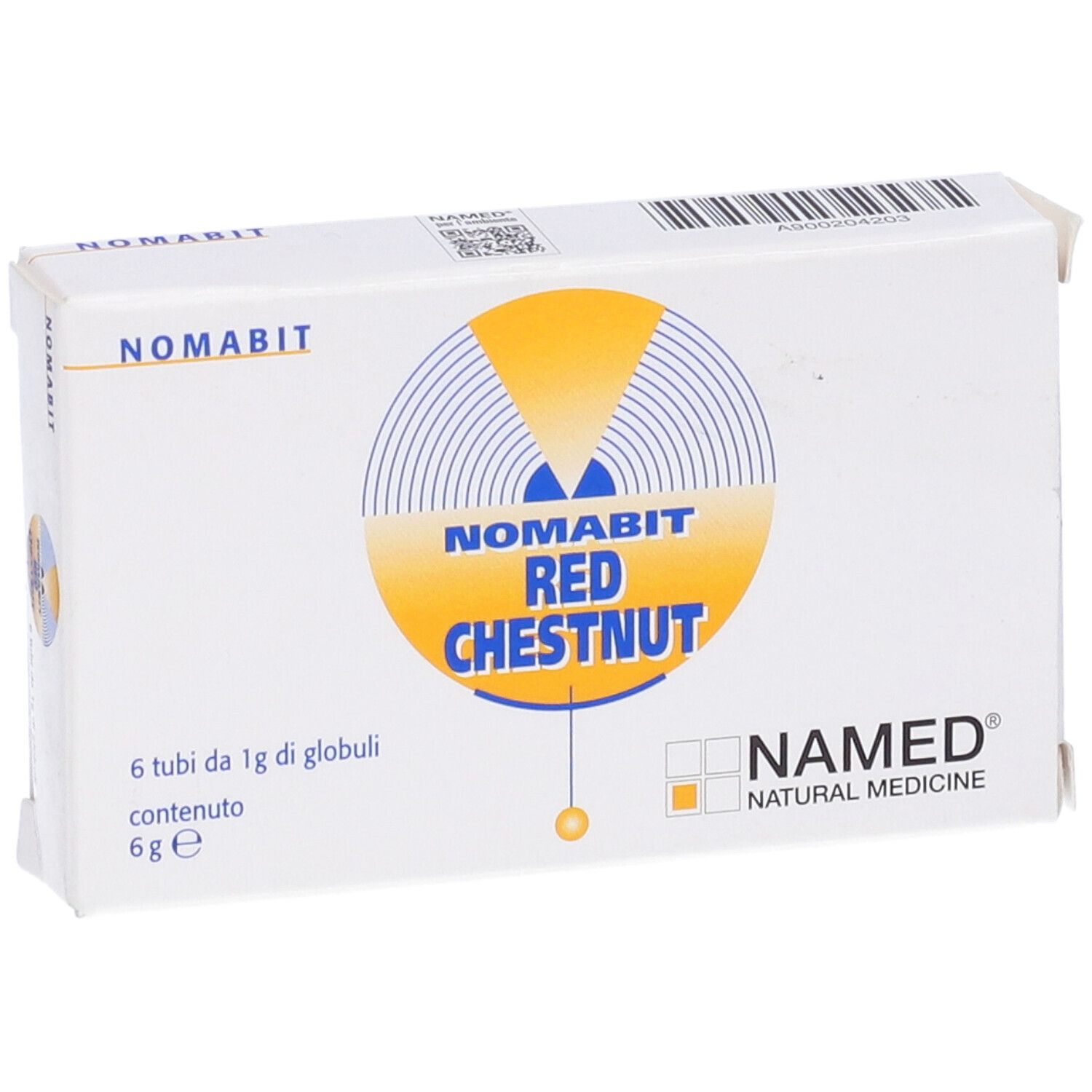 Scatola bianca con logo giallo e testo. Scritto: NOMABIT RED CHESTNUT. Marchio: NAMED NATURAL MEDICINE.