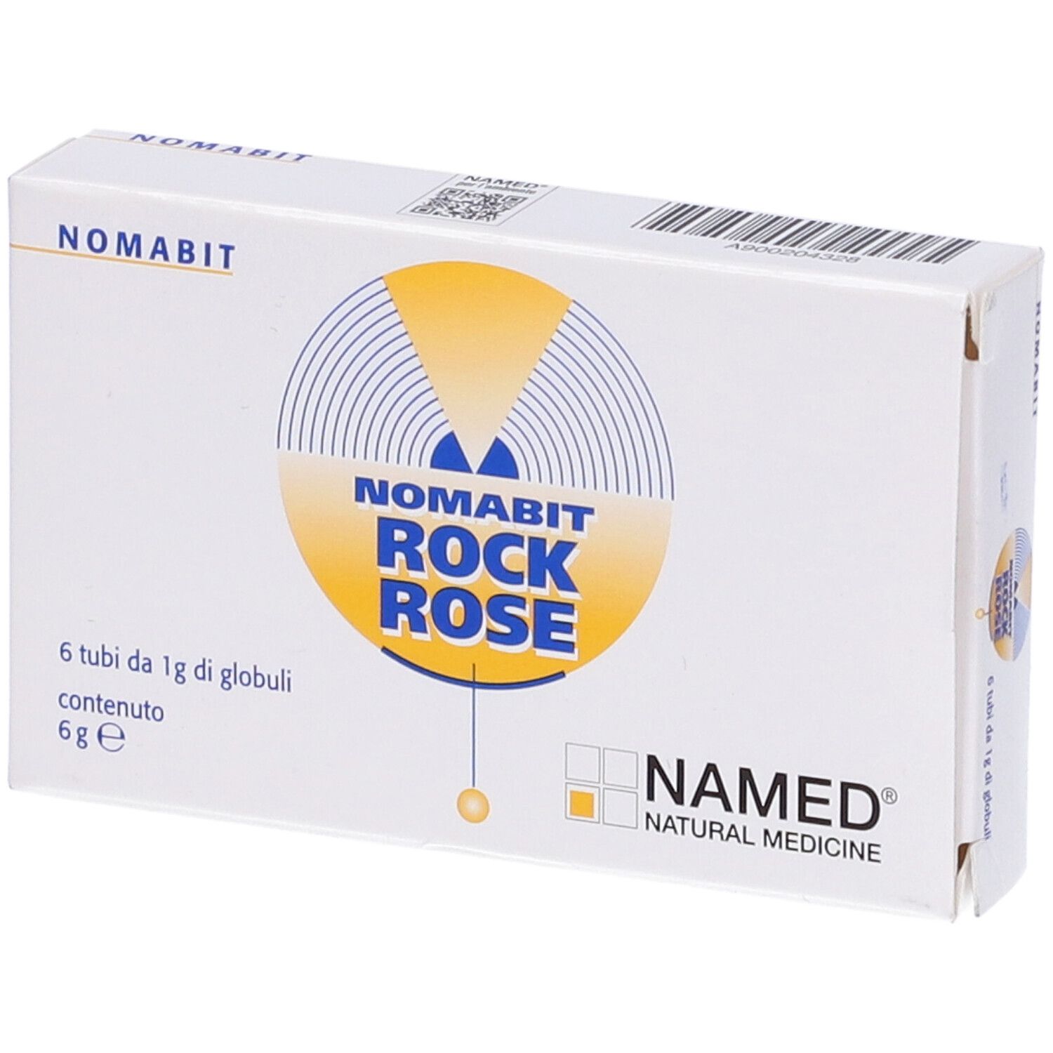 Scatola bianca con logo Nomabit Rock Rose. Contiene 6 tubi di globuli. Logo NAMED Natural Medicine.