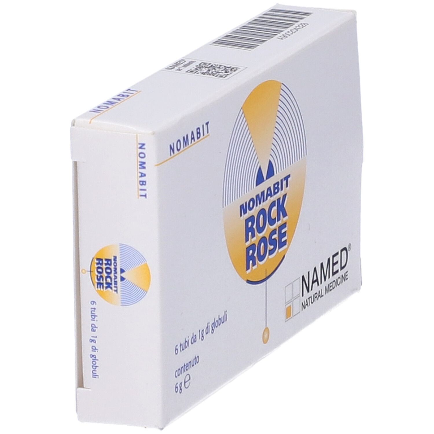 Scatola con logo Nomabit Rock Rose. Contiene 6 tubi di globuli. Logo NAMED Natural Medicine.