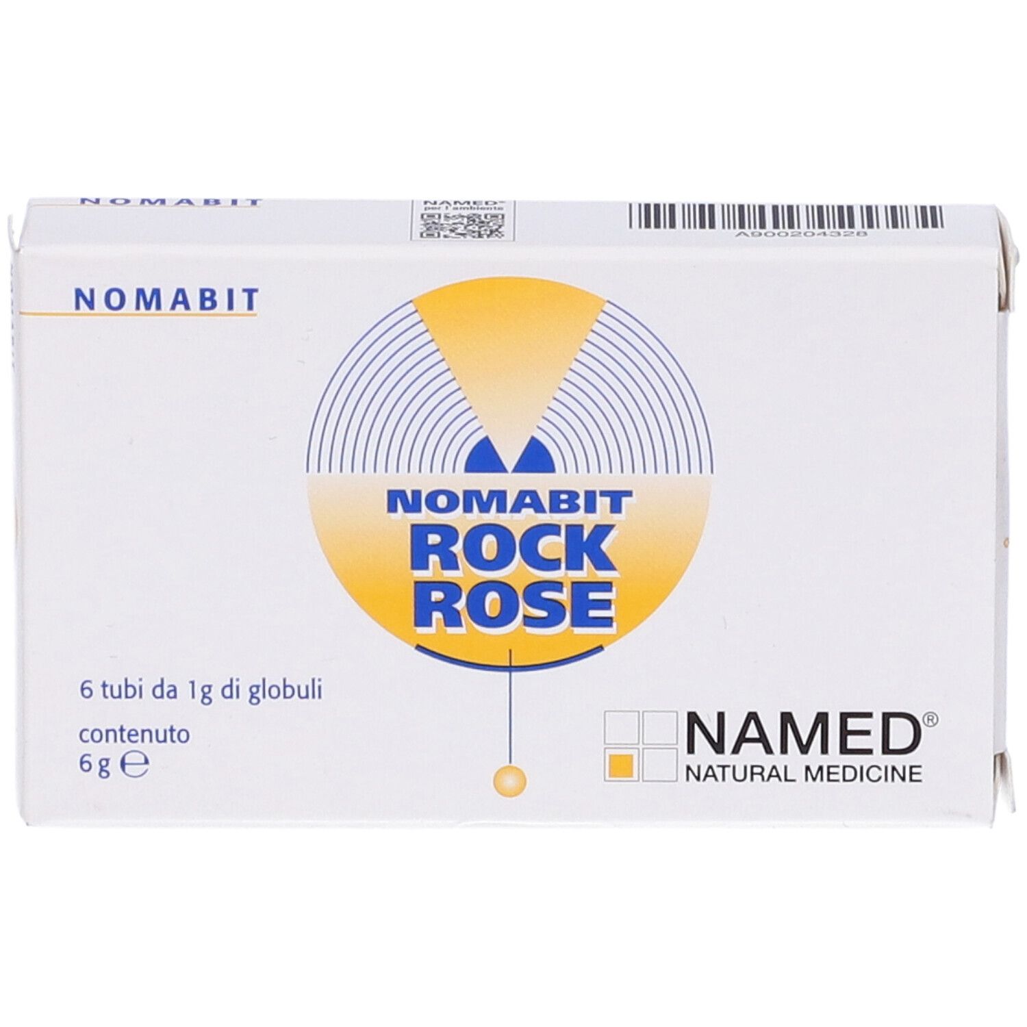 Scatola bianca con logo Nomabit Rock Rose. Contiene 6 tubi di globuli. Logo NAMED Natural Medicine.
