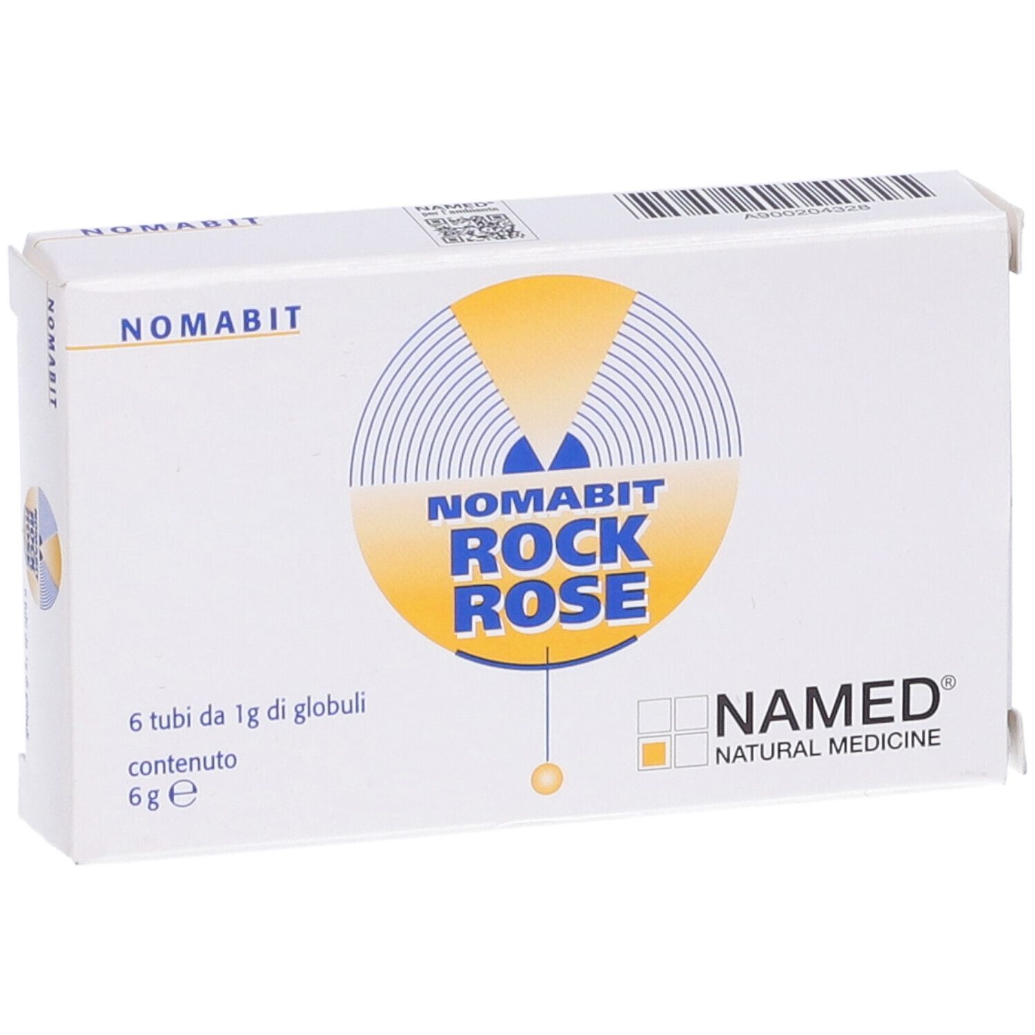 Scatola bianca con logo Nomabit Rock Rose. Contiene 6 tubi di globuli. Logo NAMED Natural Medicine.