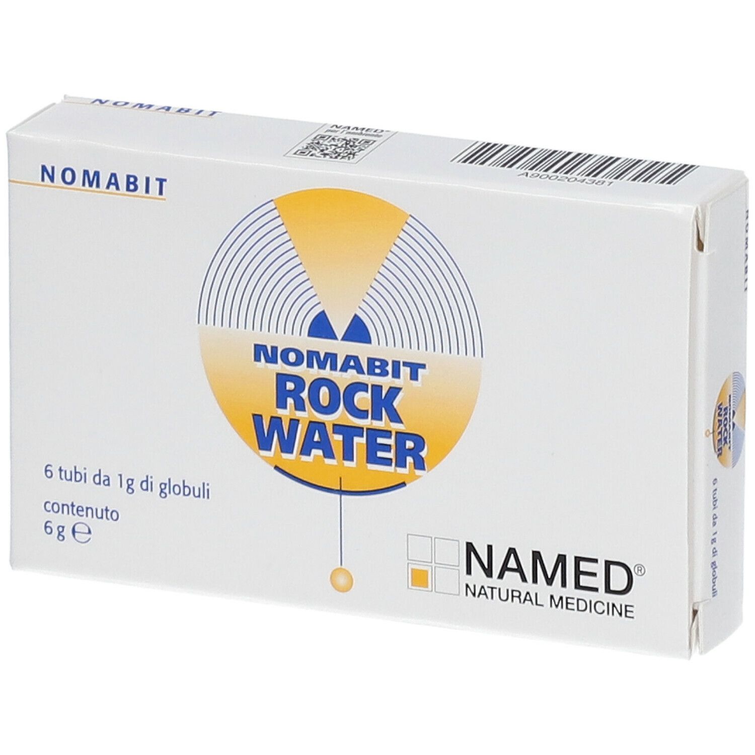 Scatola bianca NAMED Nomabit Rock Water. Logo e nome del prodotto in evidenza. Contiene 6 tubi di globuli.