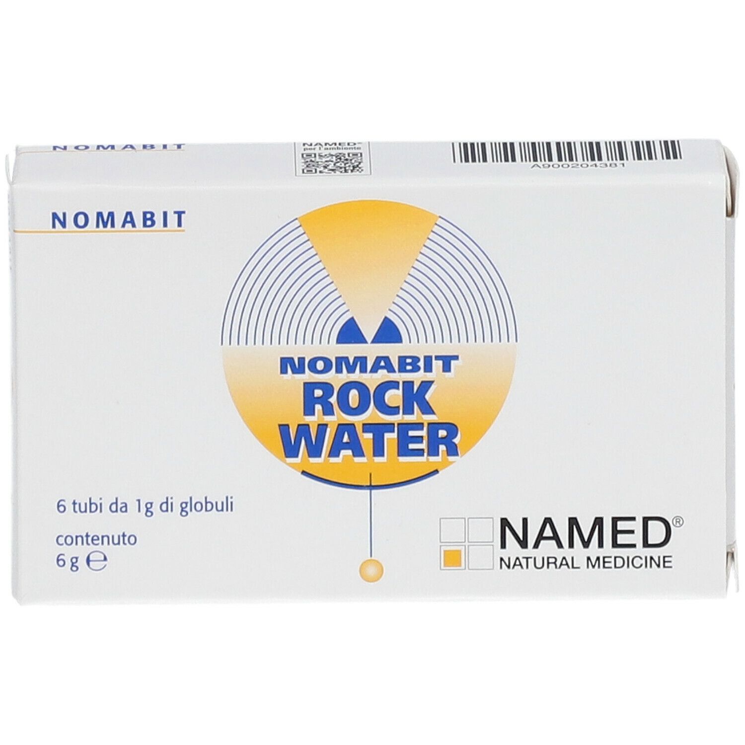 Scatola bianca NAMED Nomabit Rock Water. Logo e nome del prodotto in evidenza. Contiene 6 tubi di globuli.