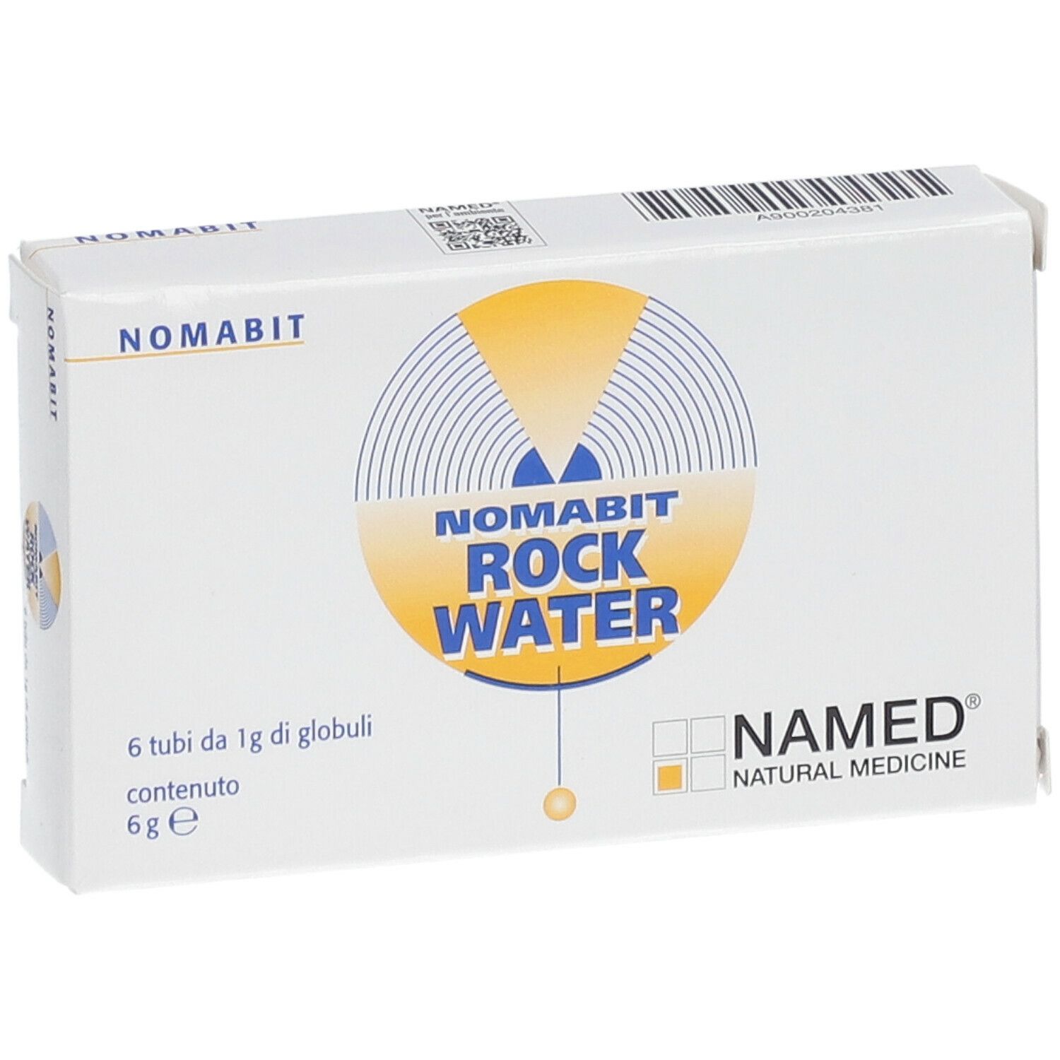 Scatola bianca NAMED Nomabit Rock Water. Logo e nome del prodotto in evidenza. Contiene 6 tubi di globuli.