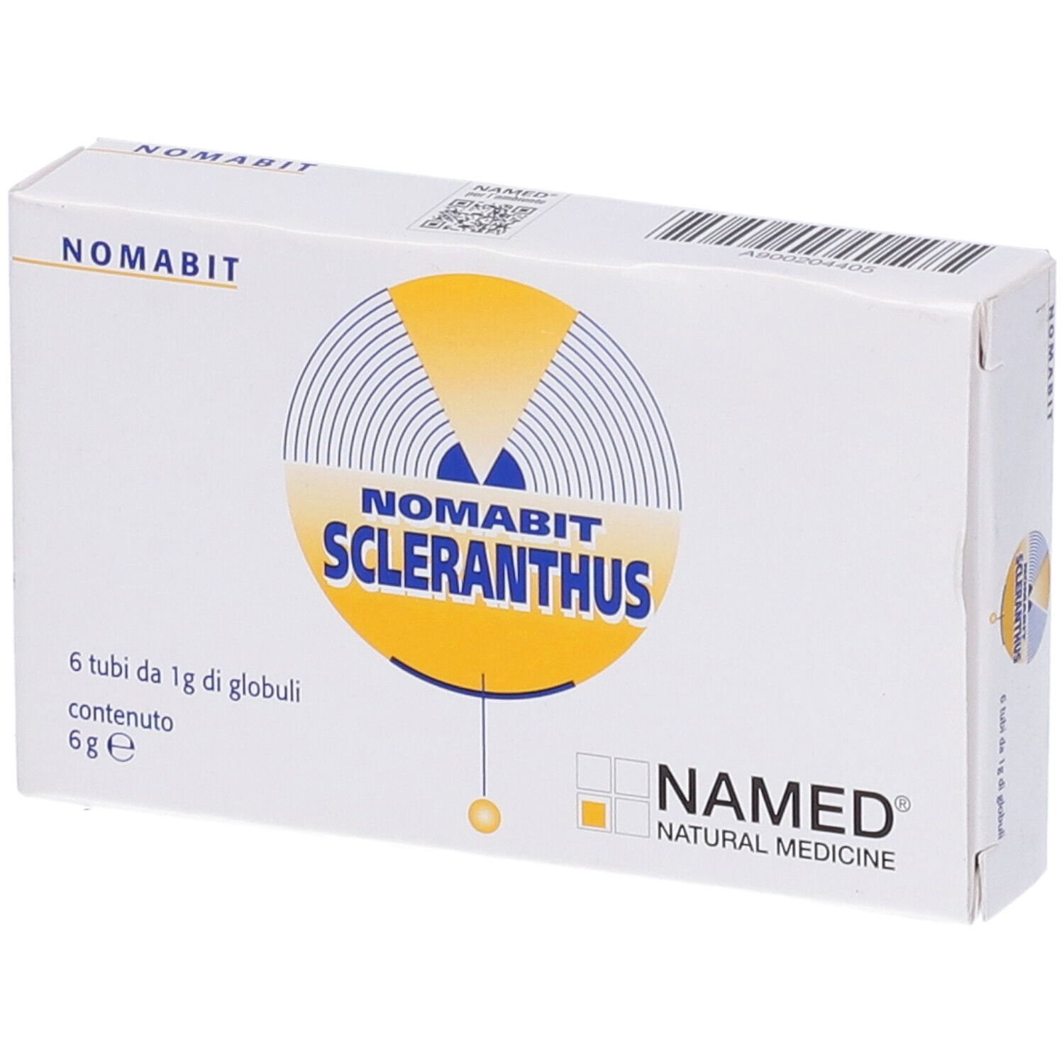 Scatola Nomabit Scleranthus Globuli. Bianca, logo e testo.