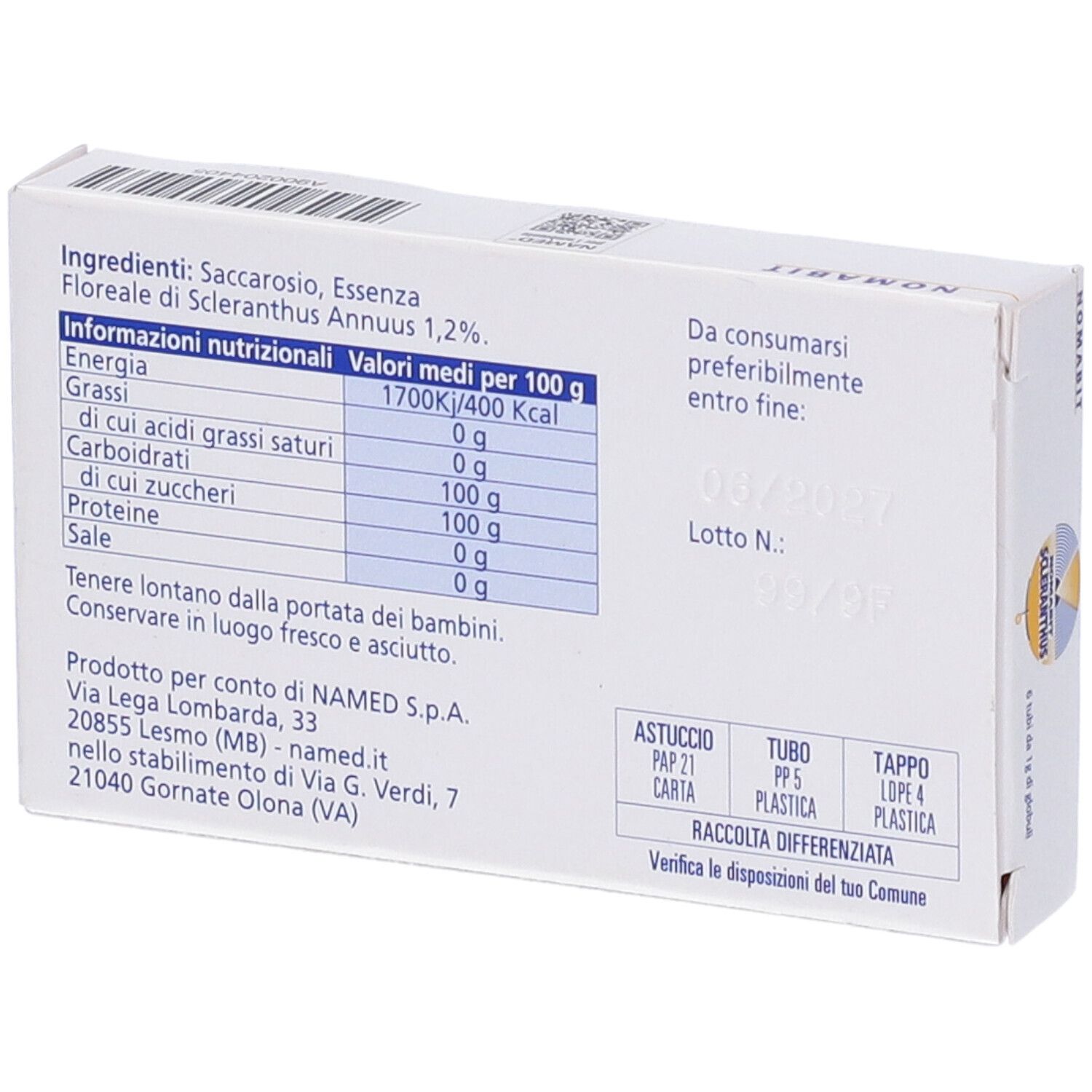 Retro della scatola Nomabit Scleranthus Globuli. Testo e informazioni nutrizionali.