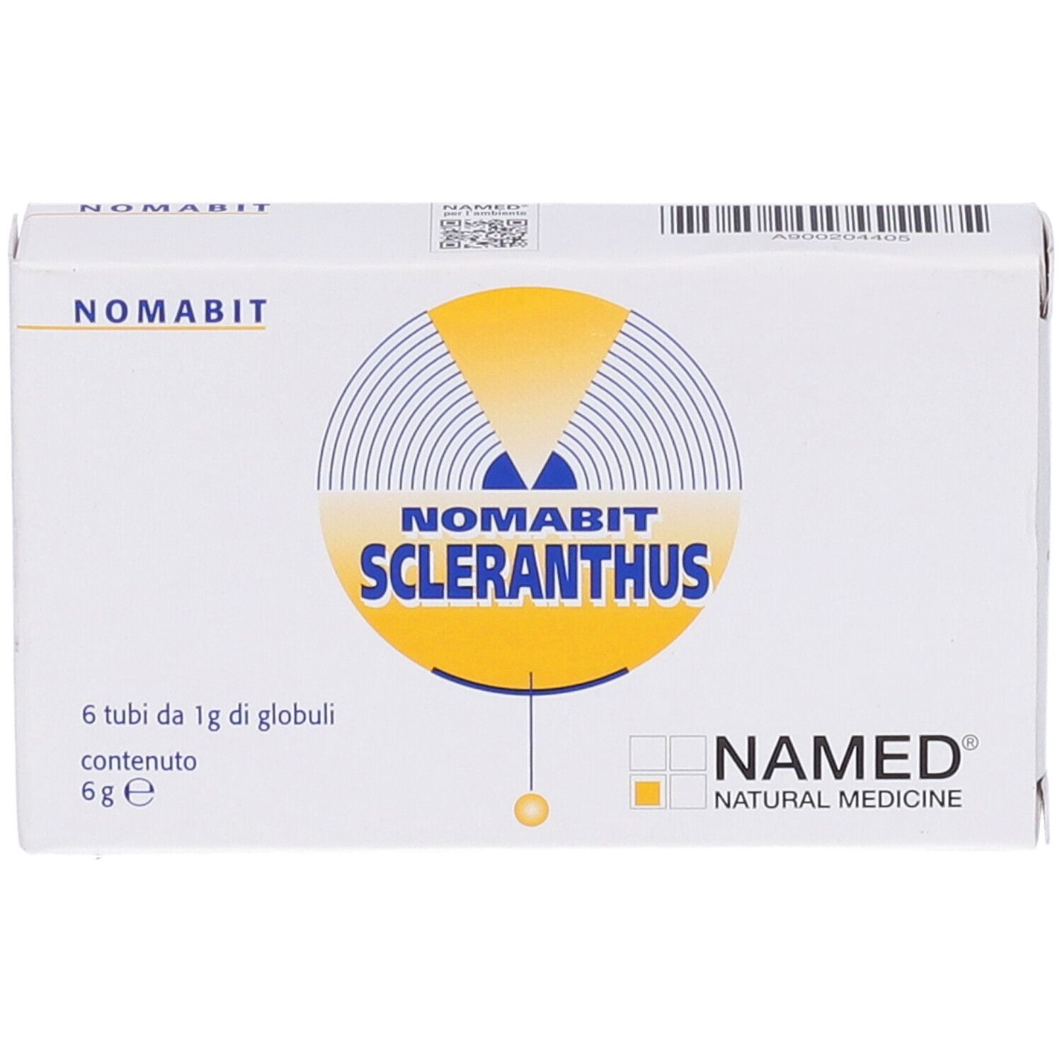Scatola Nomabit Scleranthus Globuli. Bianca, logo e testo.