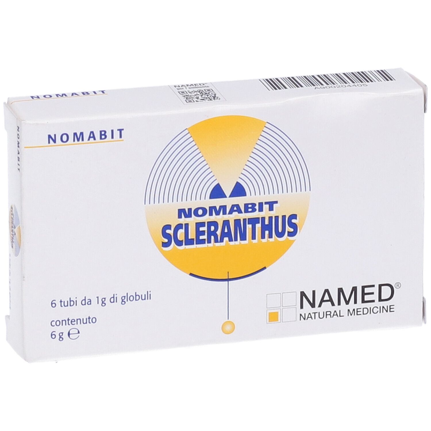 Scatola Nomabit Scleranthus Globuli. Bianca, logo e testo.