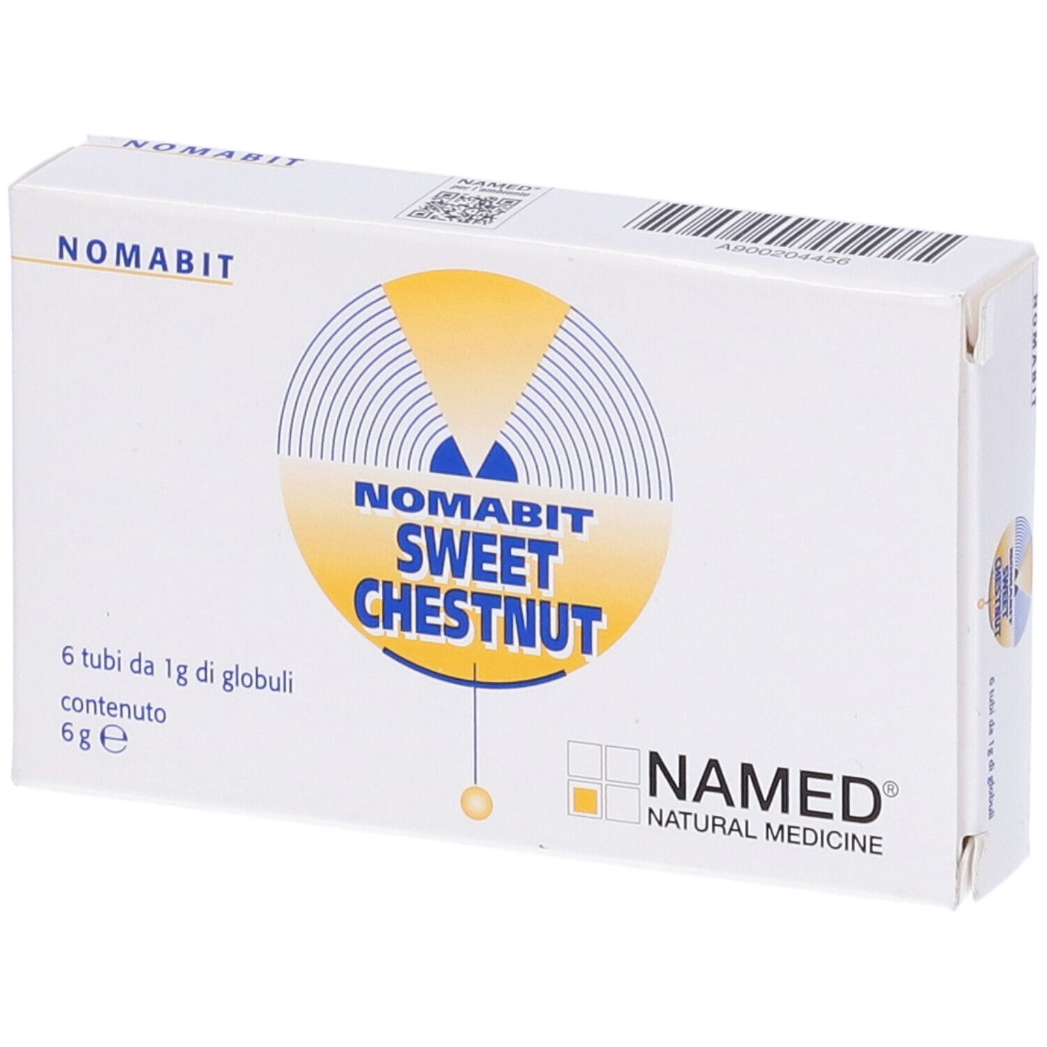 Scatola bianca con stampa del prodotto. Scritta: Nomabit Sweet Chestnut, 6 tubi.