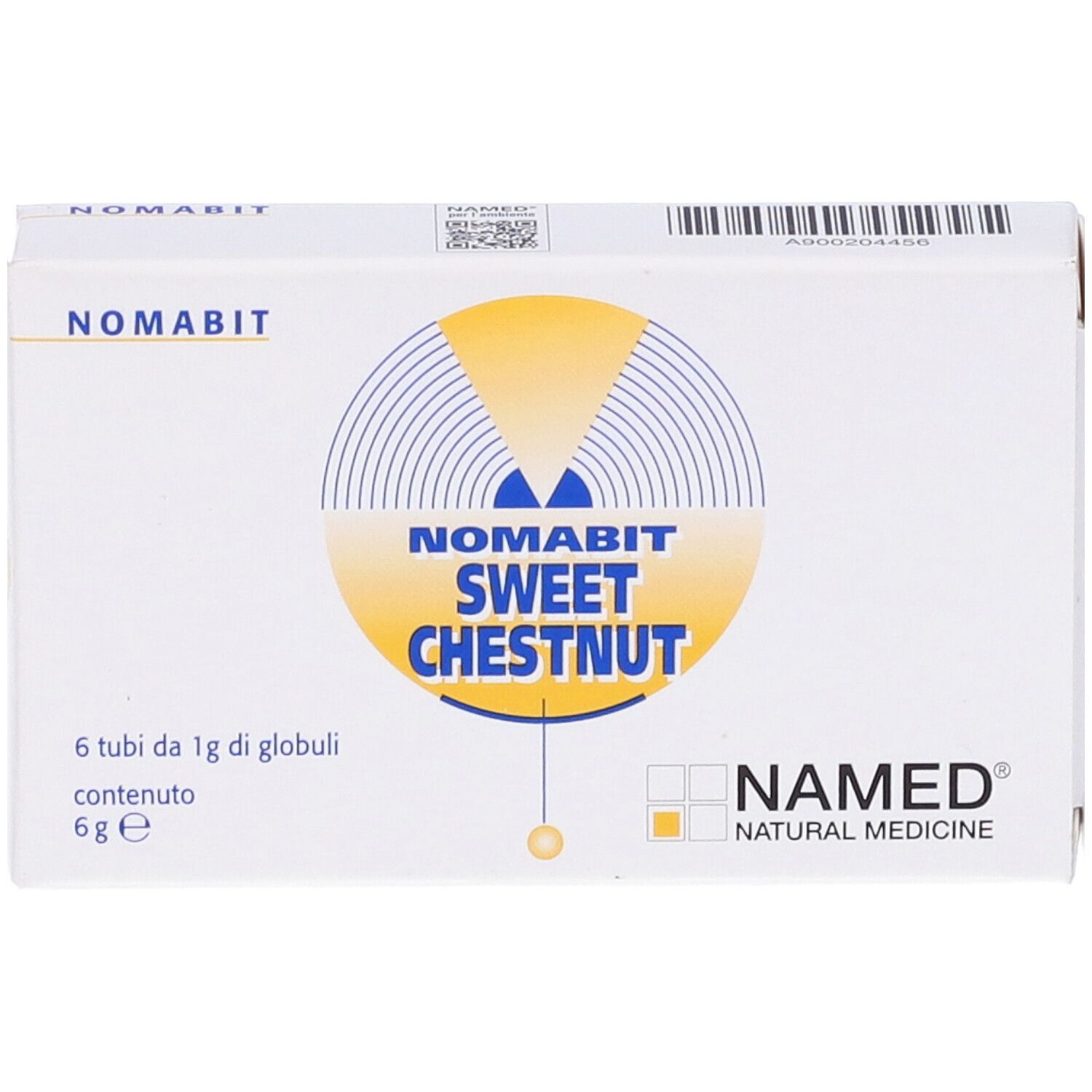Scatola bianca con stampa del prodotto. Scritta: Nomabit Sweet Chestnut, 6 tubi.
