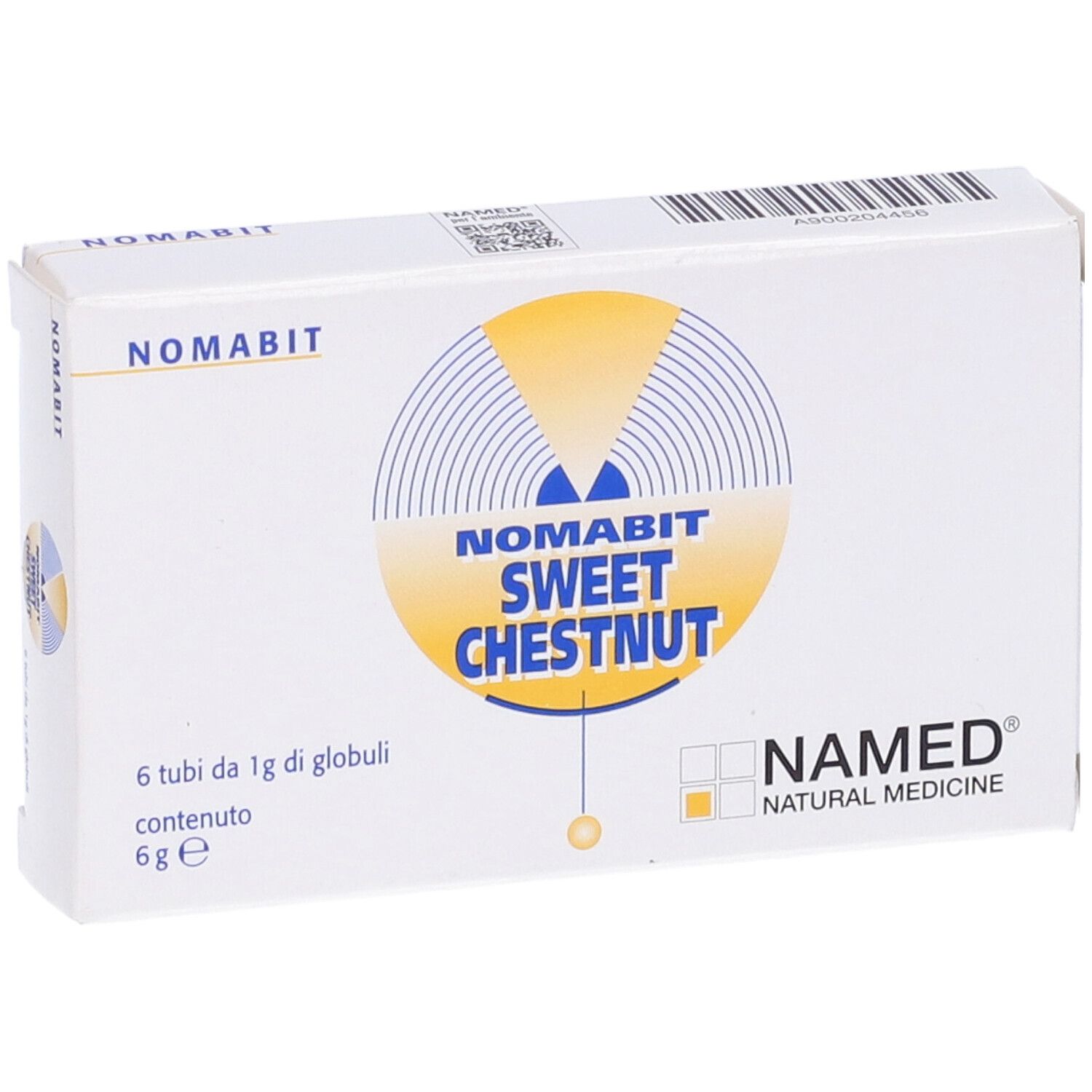 Scatola bianca con stampa del prodotto. Scritta: Nomabit Sweet Chestnut, 6 tubi.