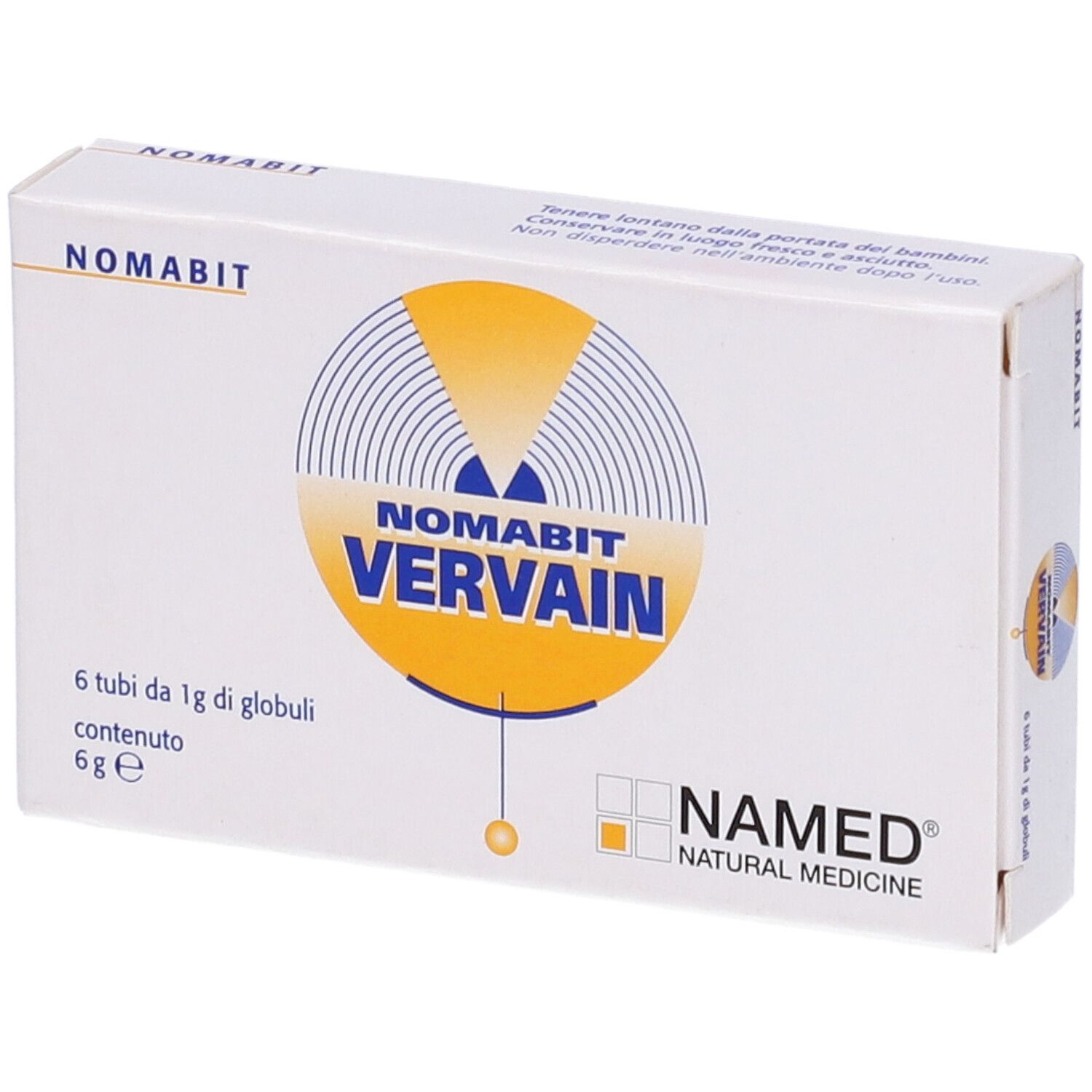 Scatola bianca con NOMABIT VERVAIN. 6 tubi di globuli. Logo NAMED NATURAL MEDICINE. Design giallo-blu.