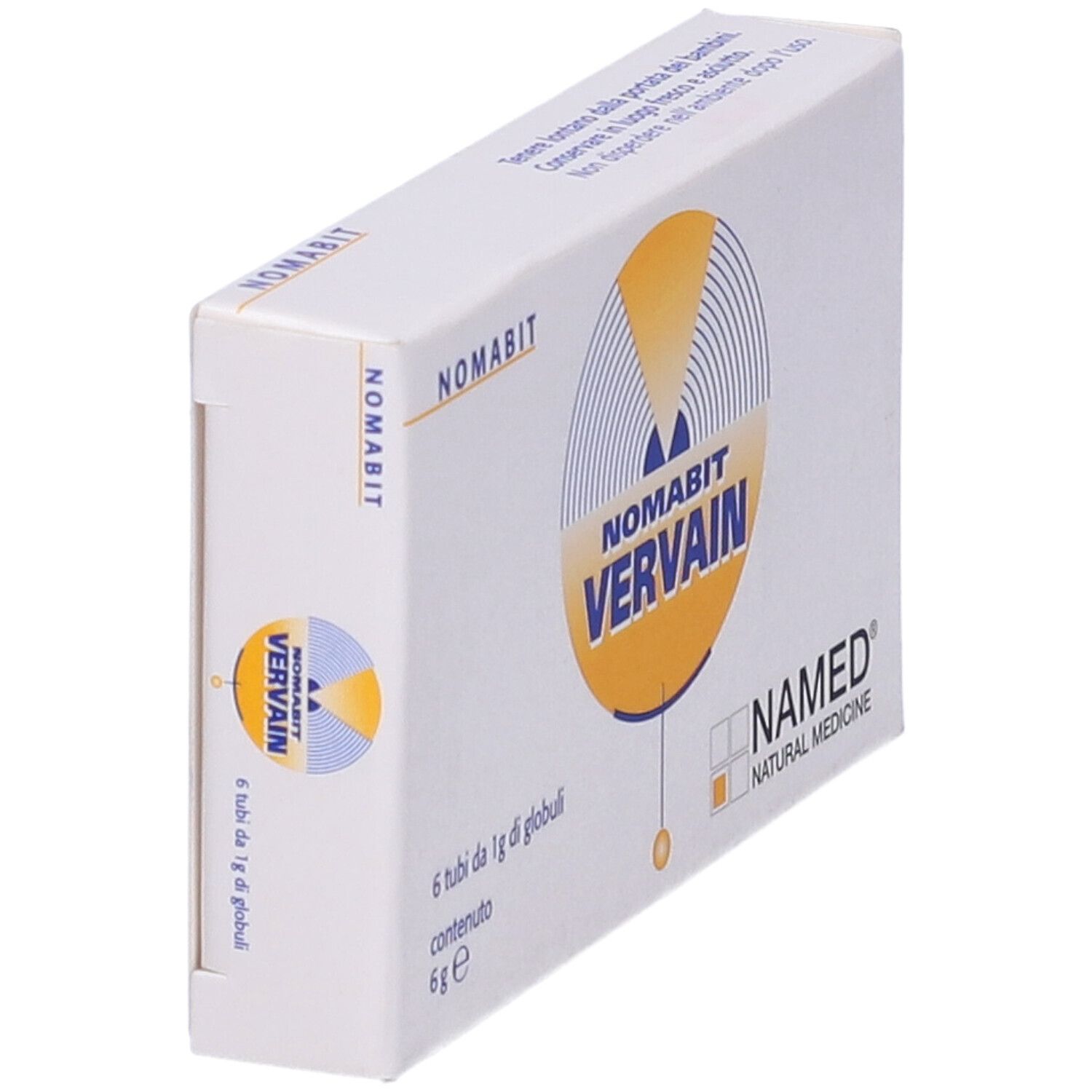 Scatola con NOMABIT VERVAIN. 6 tubi di globuli. Logo NAMED NATURAL MEDICINE. Design giallo-blu. Scatola obliqua.