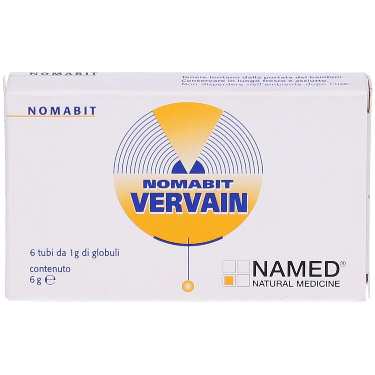 Scatola bianca con NOMABIT VERVAIN. 6 tubi di globuli. Logo NAMED NATURAL MEDICINE. Design giallo-blu.