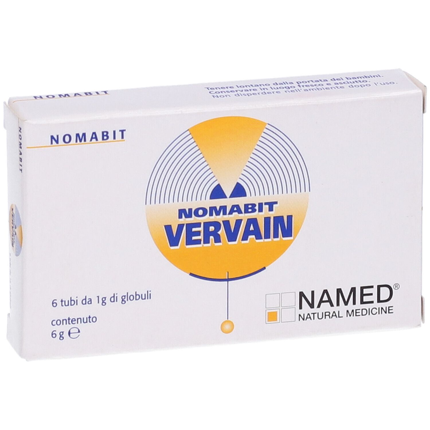 Scatola bianca con NOMABIT VERVAIN. 6 tubi di globuli. Logo NAMED NATURAL MEDICINE. Design giallo-blu.