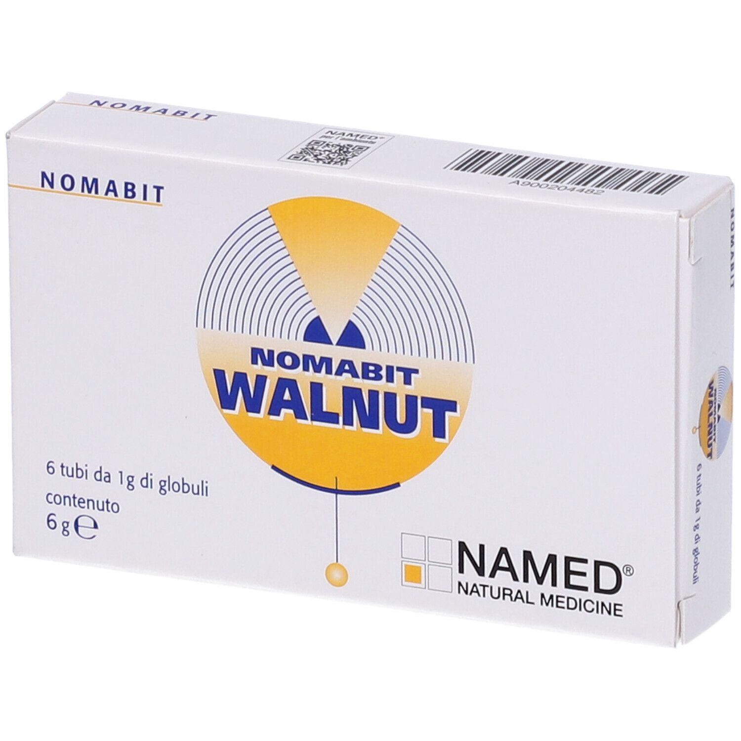 Scatola bianca con logo NOMABIT WALNUT. Contiene 6 tubi di globuli. Logo NAMED Natural Medicine.