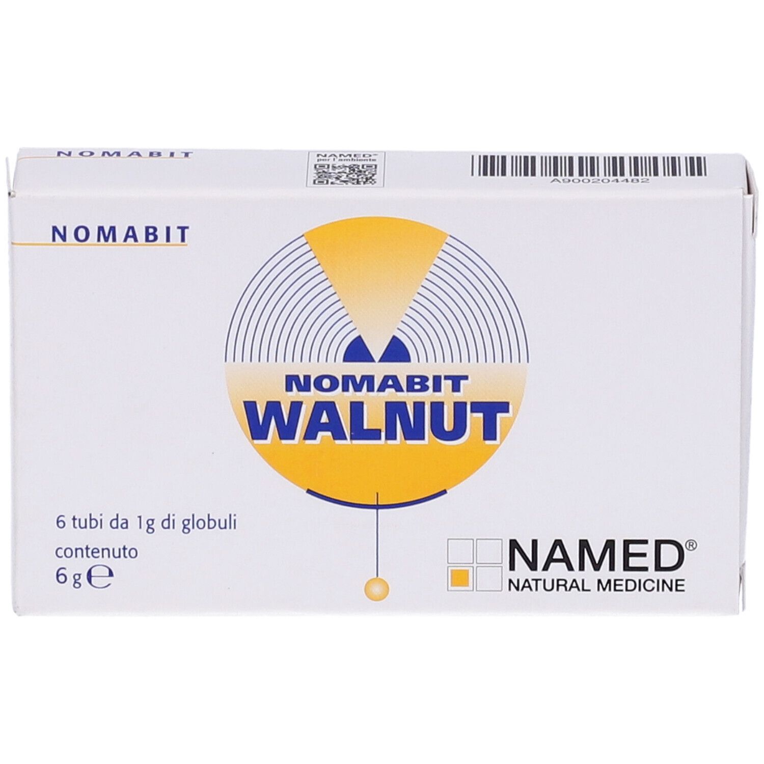 Scatola bianca con logo NOMABIT WALNUT. Contiene 6 tubi di globuli. Logo NAMED Natural Medicine.