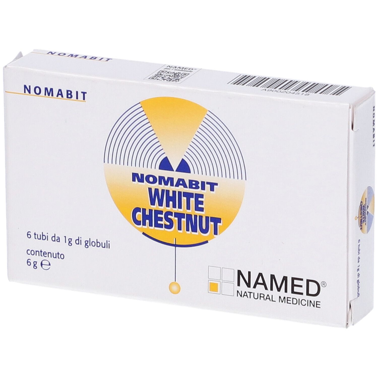 Scatola bianca con NOMABIT, WHITE CHESTNUT e NAMED. Contiene 6 tubi di globuli.