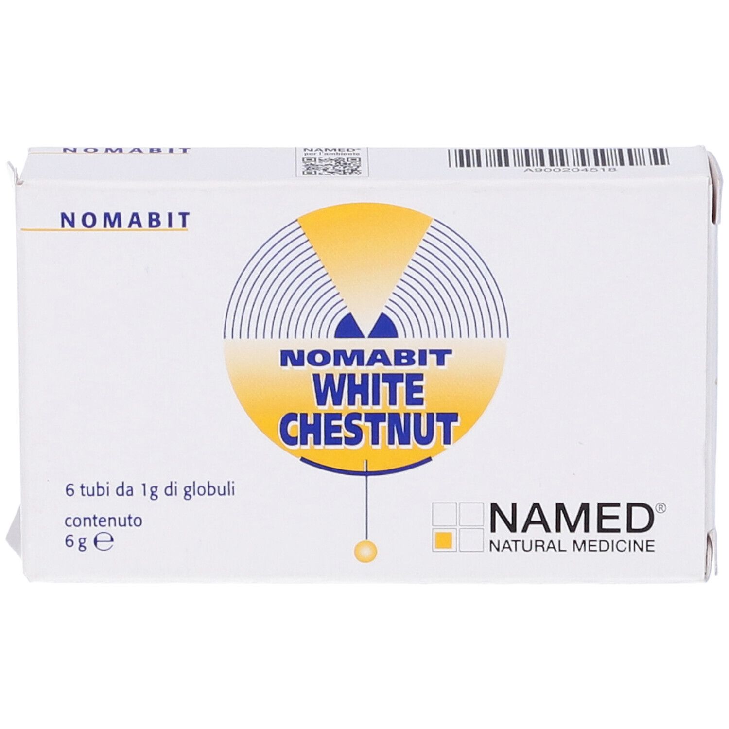 Scatola bianca con NOMABIT, WHITE CHESTNUT e NAMED. Contiene 6 tubi di globuli.