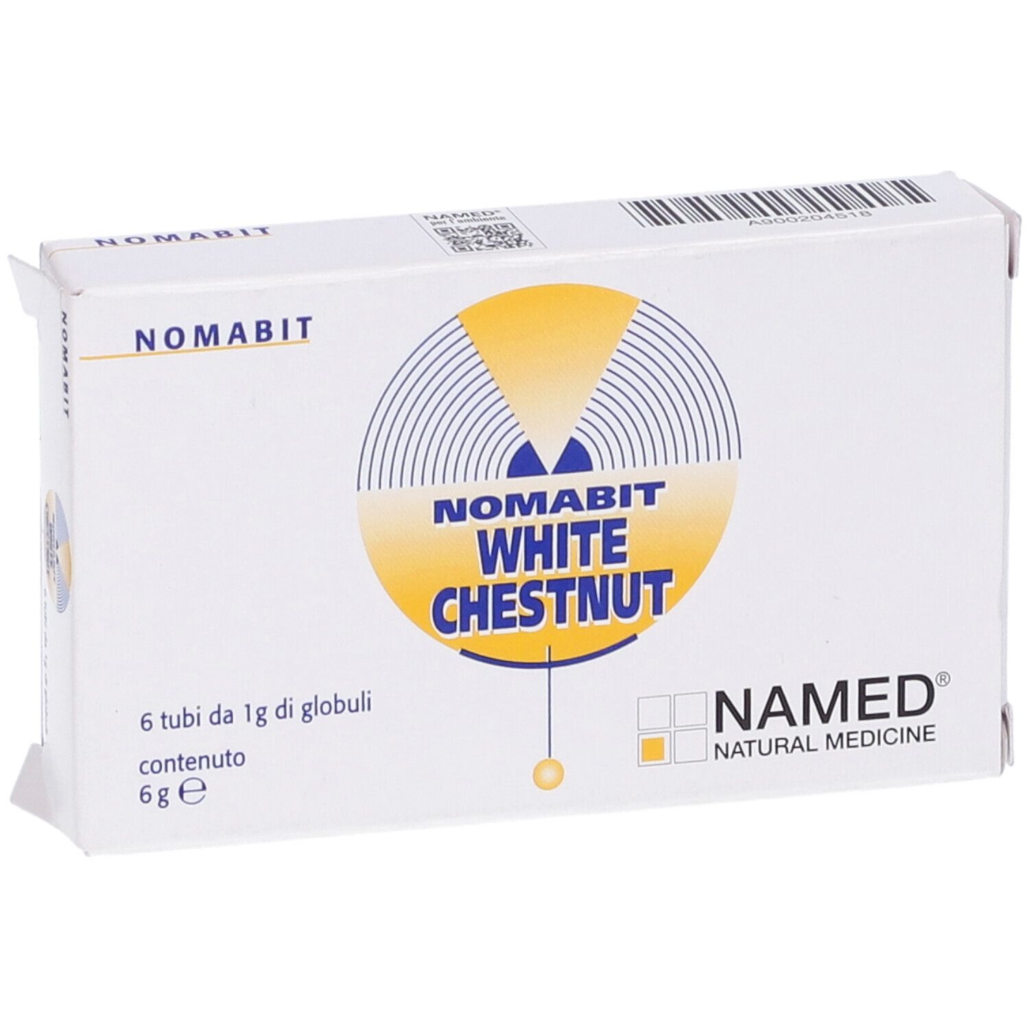 Scatola bianca con NOMABIT, WHITE CHESTNUT e NAMED. Contiene 6 tubi di globuli.