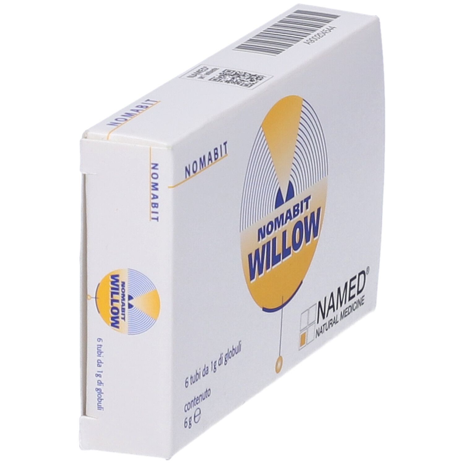 Scatola con logo NOMABIT WILLOW. Contiene 6 tubi di globuli. Logo NAMED Natural Medicine. Vista laterale.