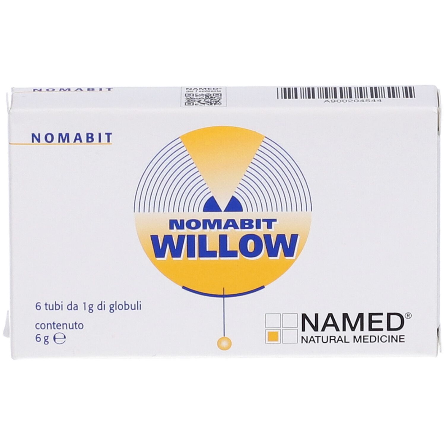 Scatola bianca con logo NOMABIT WILLOW. Contiene 6 tubi di globuli. Logo NAMED Natural Medicine.