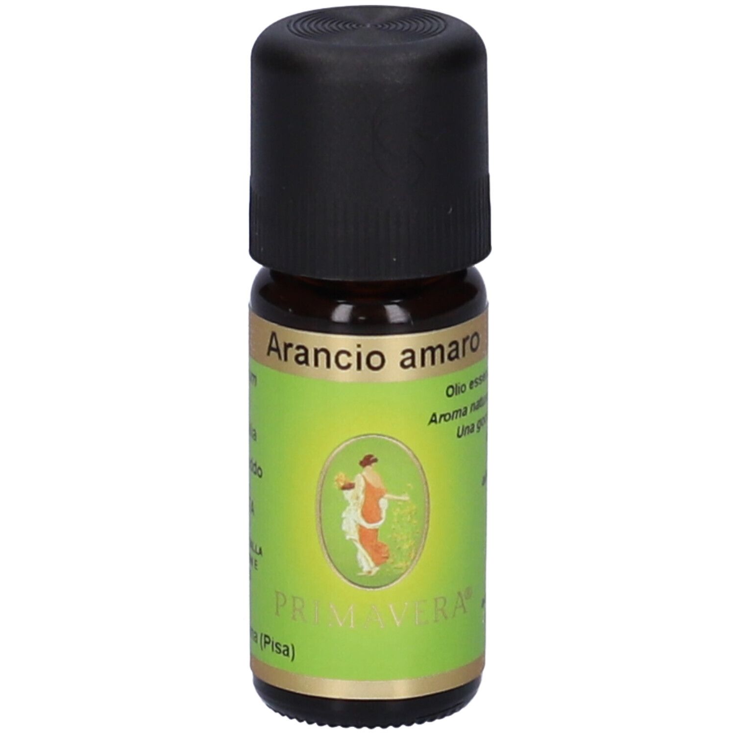 Flacone di vetro marrone con tappo nero. Etichetta con nome del prodotto e logo.