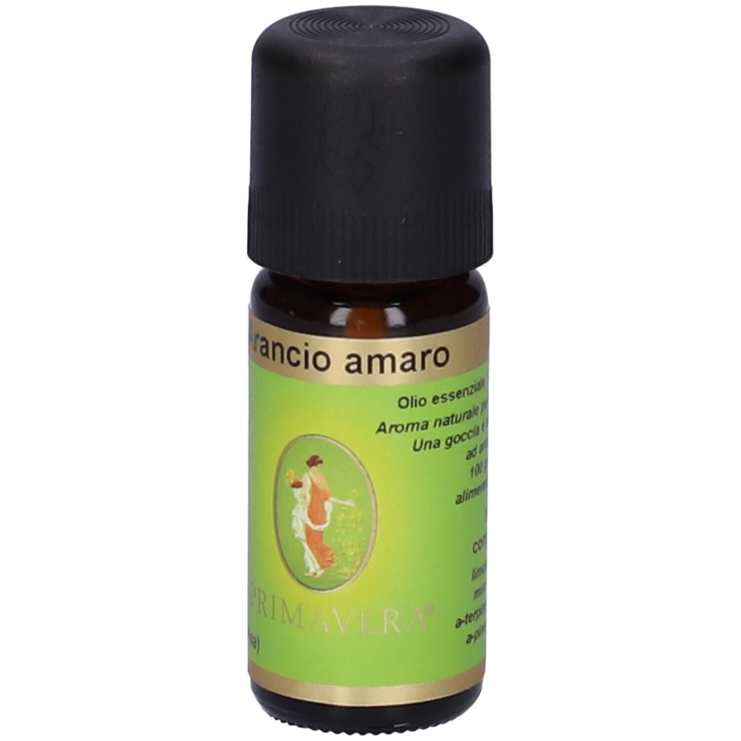 Flacone di vetro marrone con tappo nero. Etichetta con informazioni sul prodotto e logo.