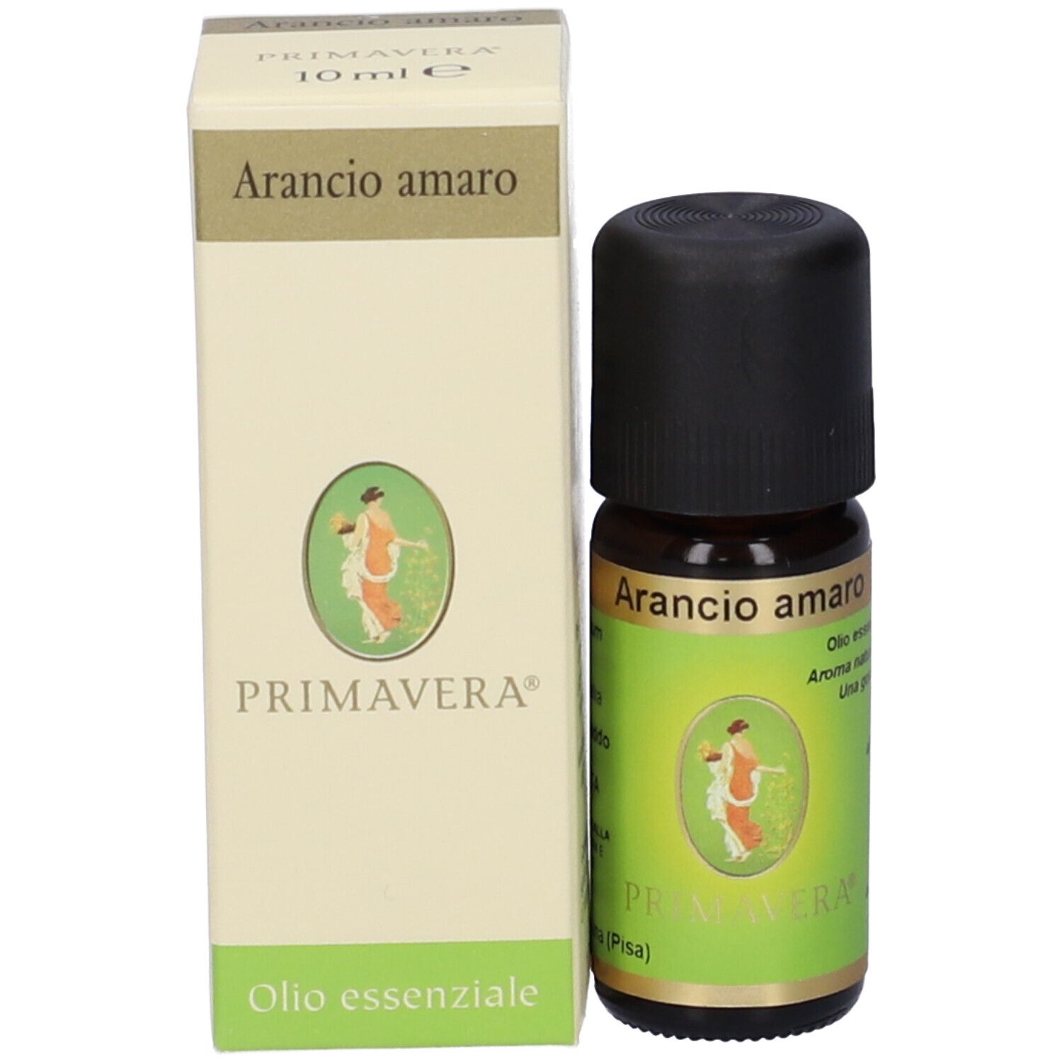 Flacone di vetro marrone con tappo nero. Etichetta con informazioni sul prodotto e logo.