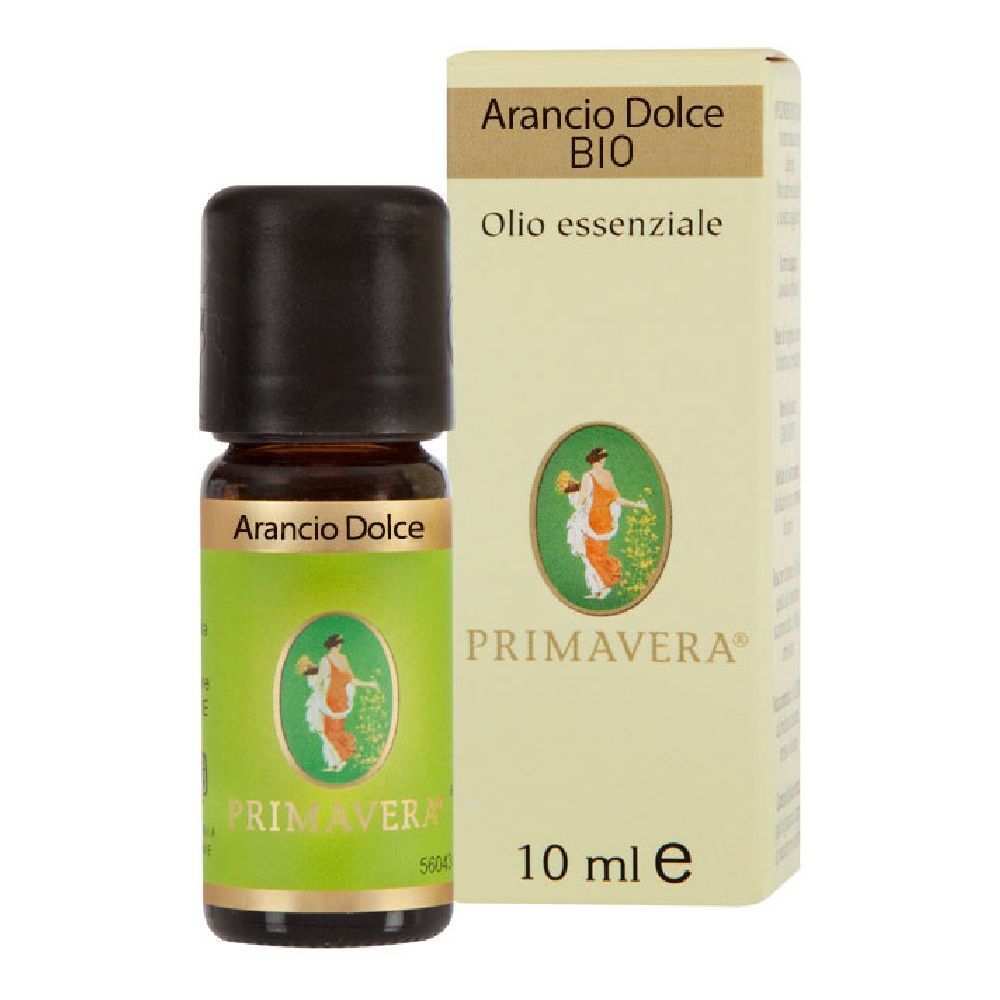 Flacone di vetro marrone con tappo nero ed etichetta. Scritta: Arancio Dolce, Primavera, 10 ml.