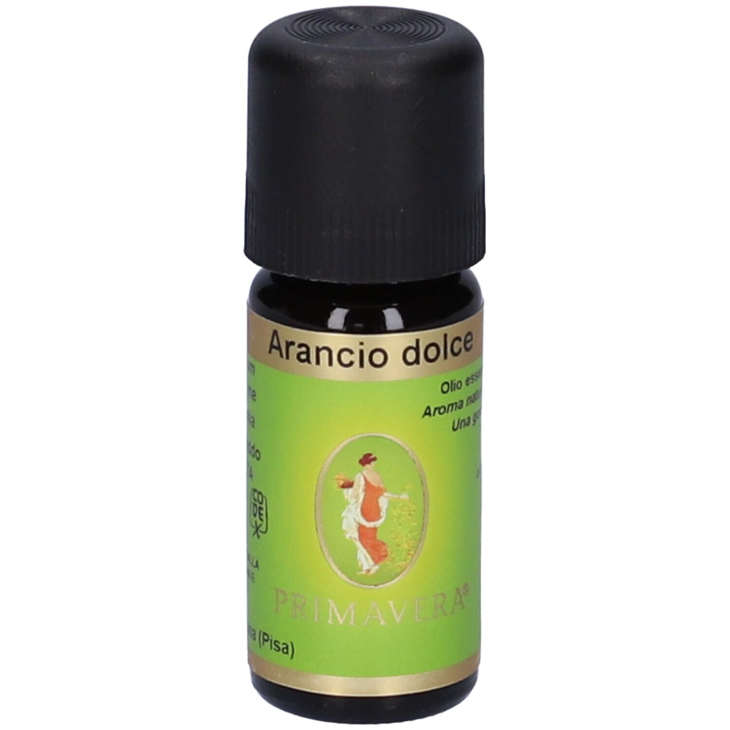 Flacone di vetro marrone con tappo nero. Etichetta con scritta: Arancio dolce, Primavera.