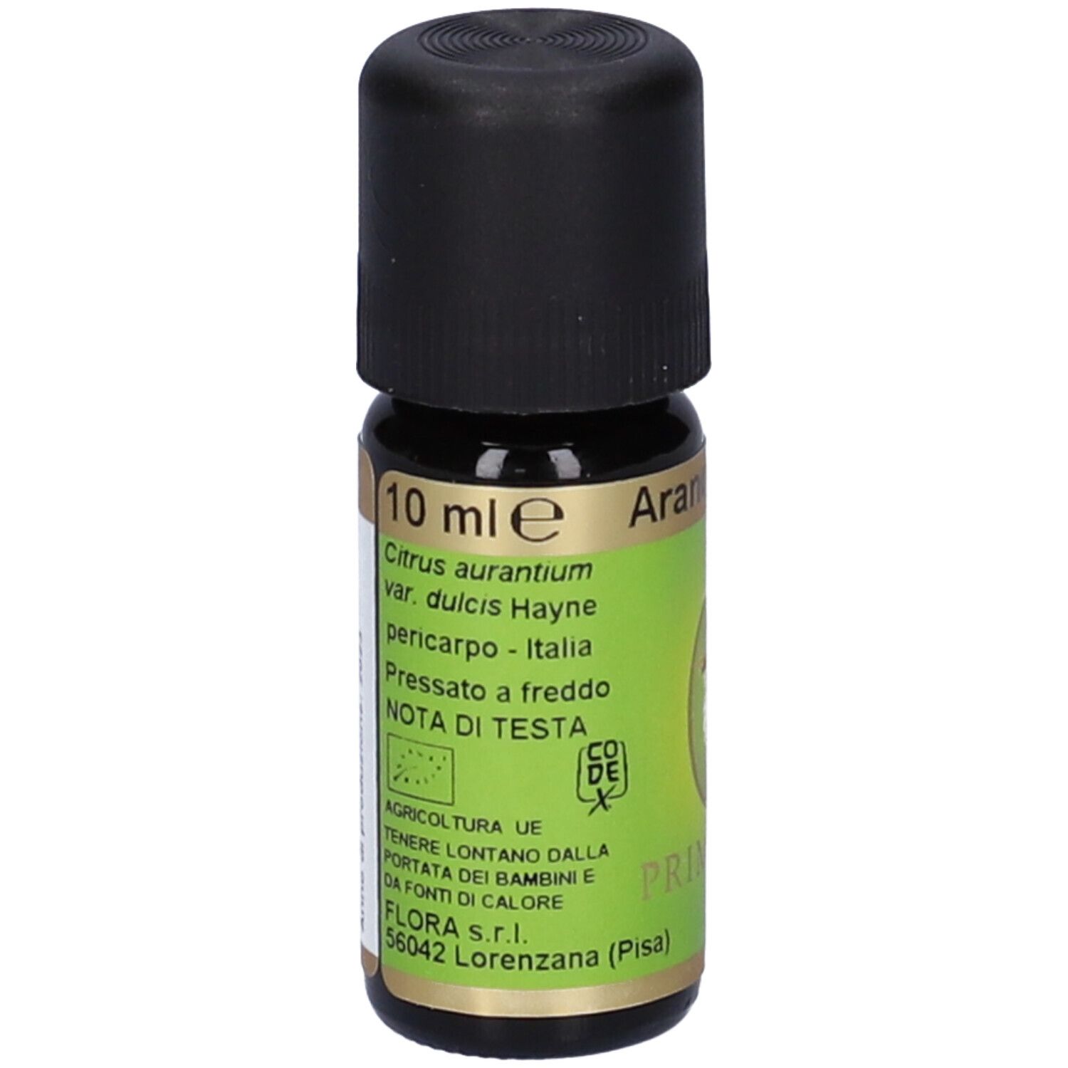 Flacone di vetro marrone con tappo nero. Etichetta con scritta: 10 ml, Citrus aurantium, CO.DE.