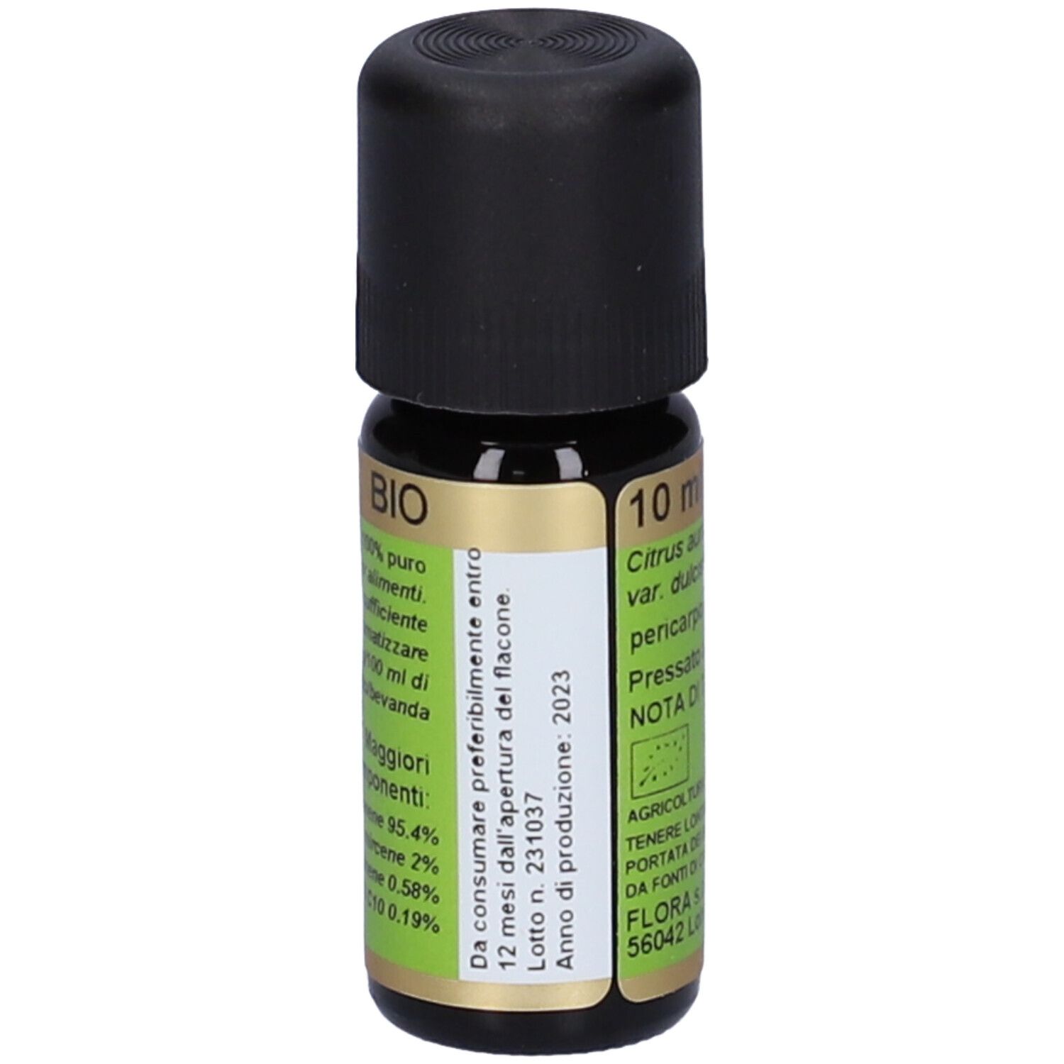Flacone di vetro marrone con tappo nero. Etichetta con scritta: BIO, 10 ml, ingredienti, durata.