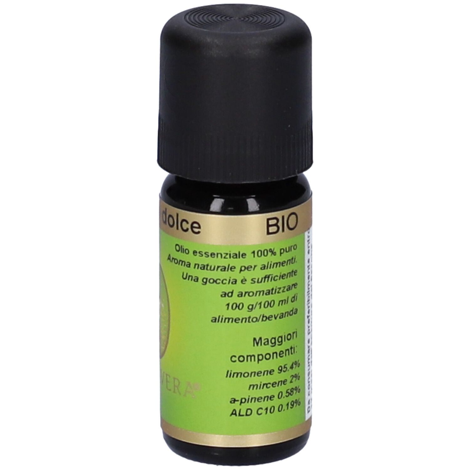 Flacone di vetro marrone con tappo nero. Etichetta con scritta: Arancio dolce, BIO, ingredienti.
