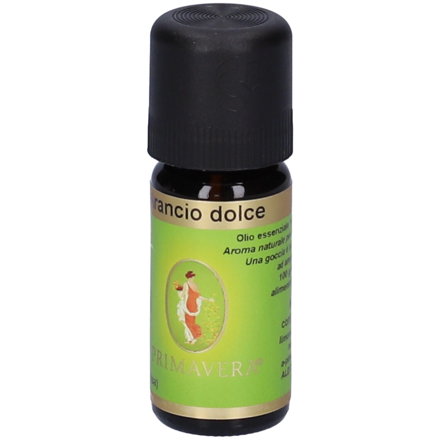 Flacone di vetro marrone con tappo nero. Etichetta con scritta: Arancio dolce, Primavera.