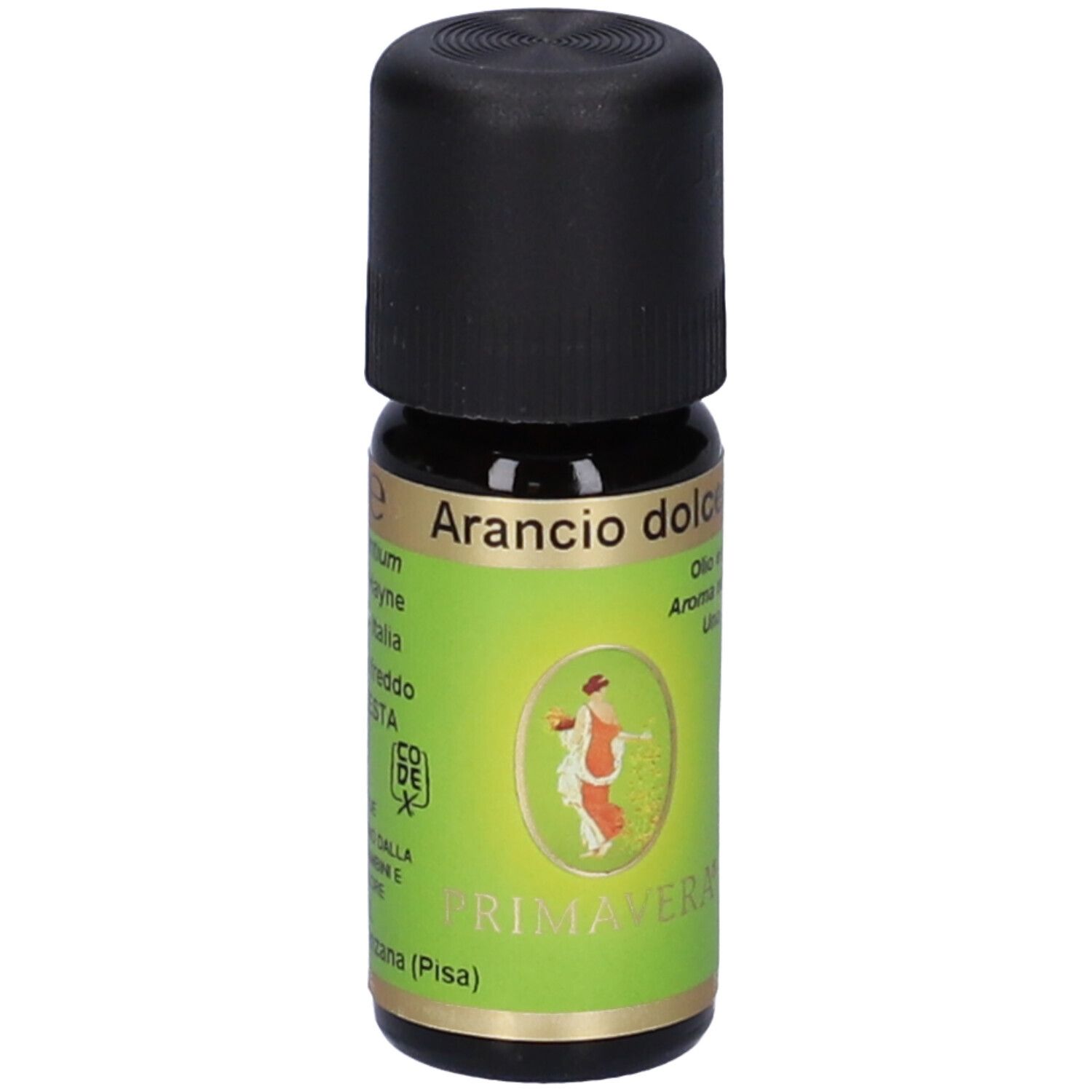 Flacone di vetro marrone con tappo nero. Etichetta con scritta: Arancio dolce, Citrus aurantium, CO.DE.