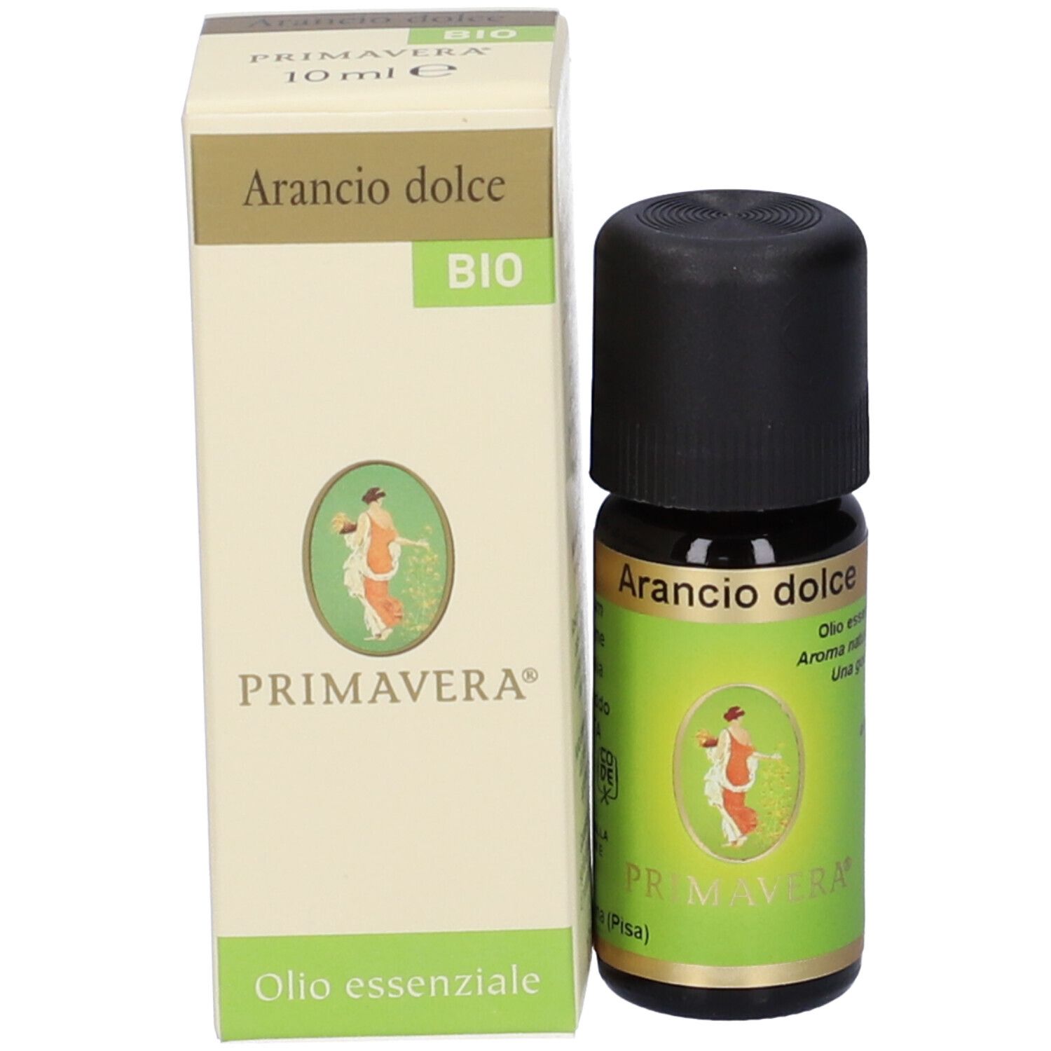 Flacone di vetro marrone con tappo nero e scatola. Scritta: Arancio dolce, BIO, Primavera, 10 ml.