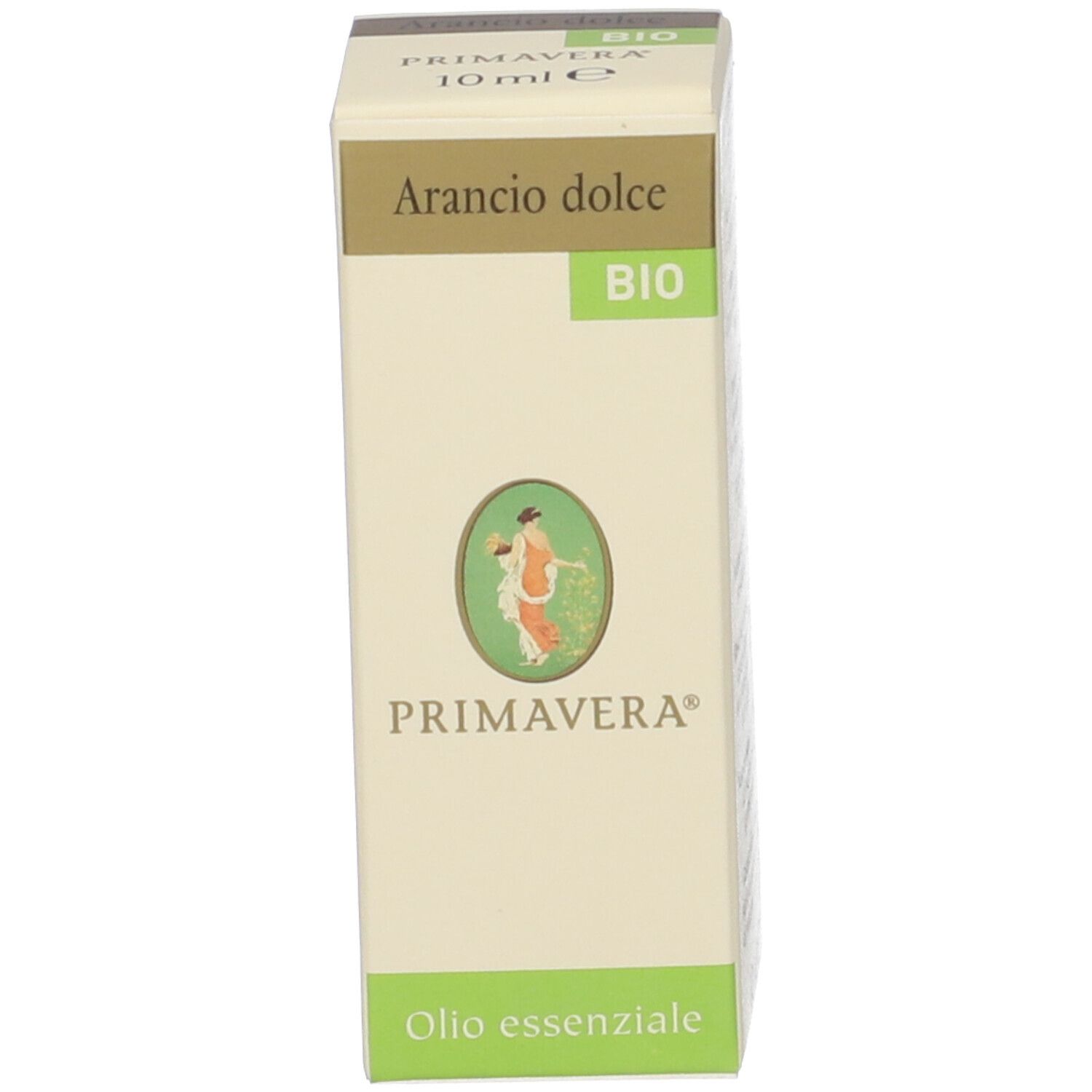 Scatola con scritta: Arancio dolce, BIO, Primavera, 10 ml, Olio essenziale.