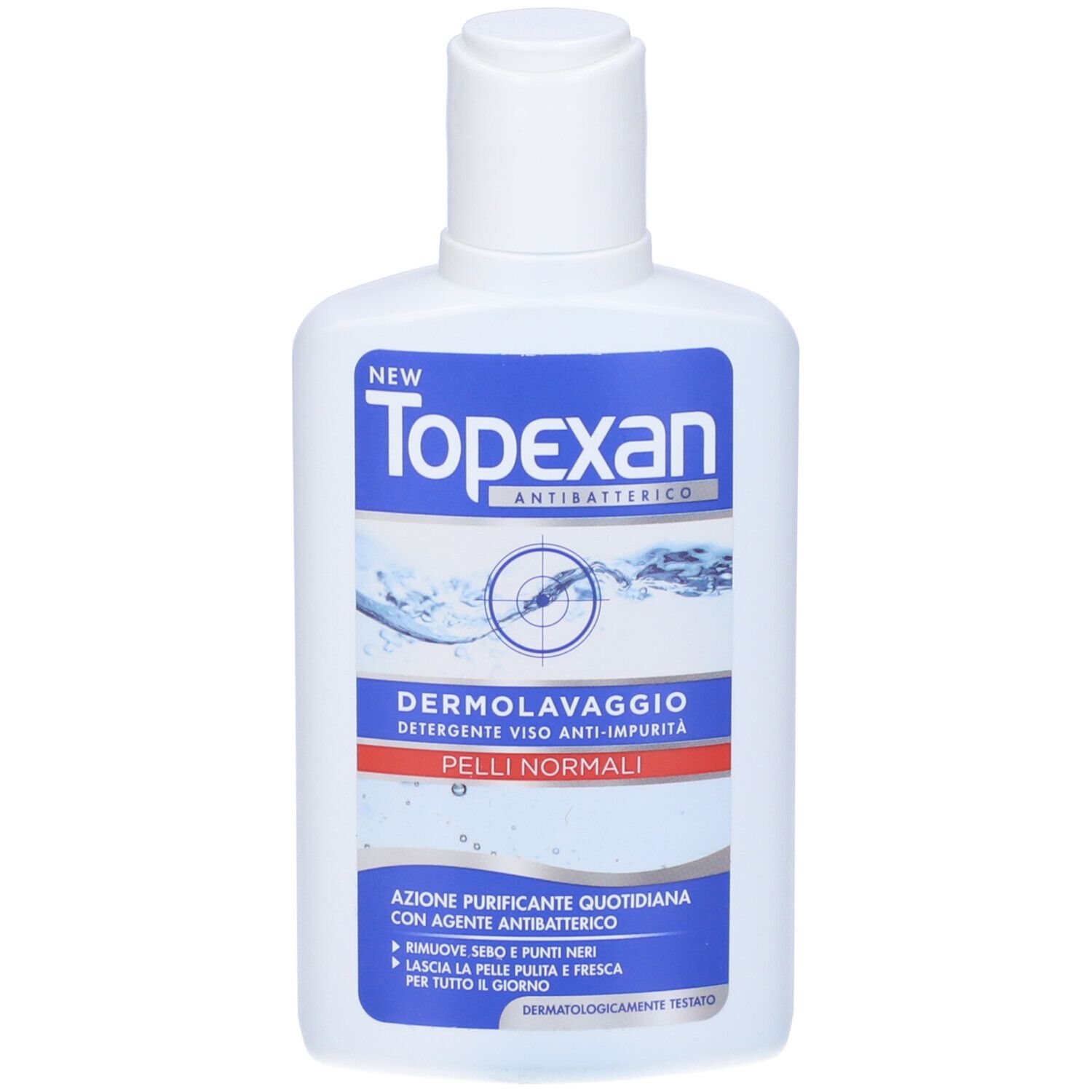 Flacone bianco con etichetta blu. Testo: TopExan, Dermolavaggio, Pelli Normali. Antibatterico.
