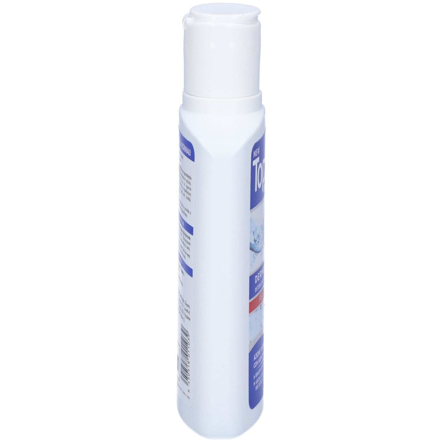 Flacone bianco, vista laterale. Etichetta blu con testo. Parte superiore con tappo bianco.