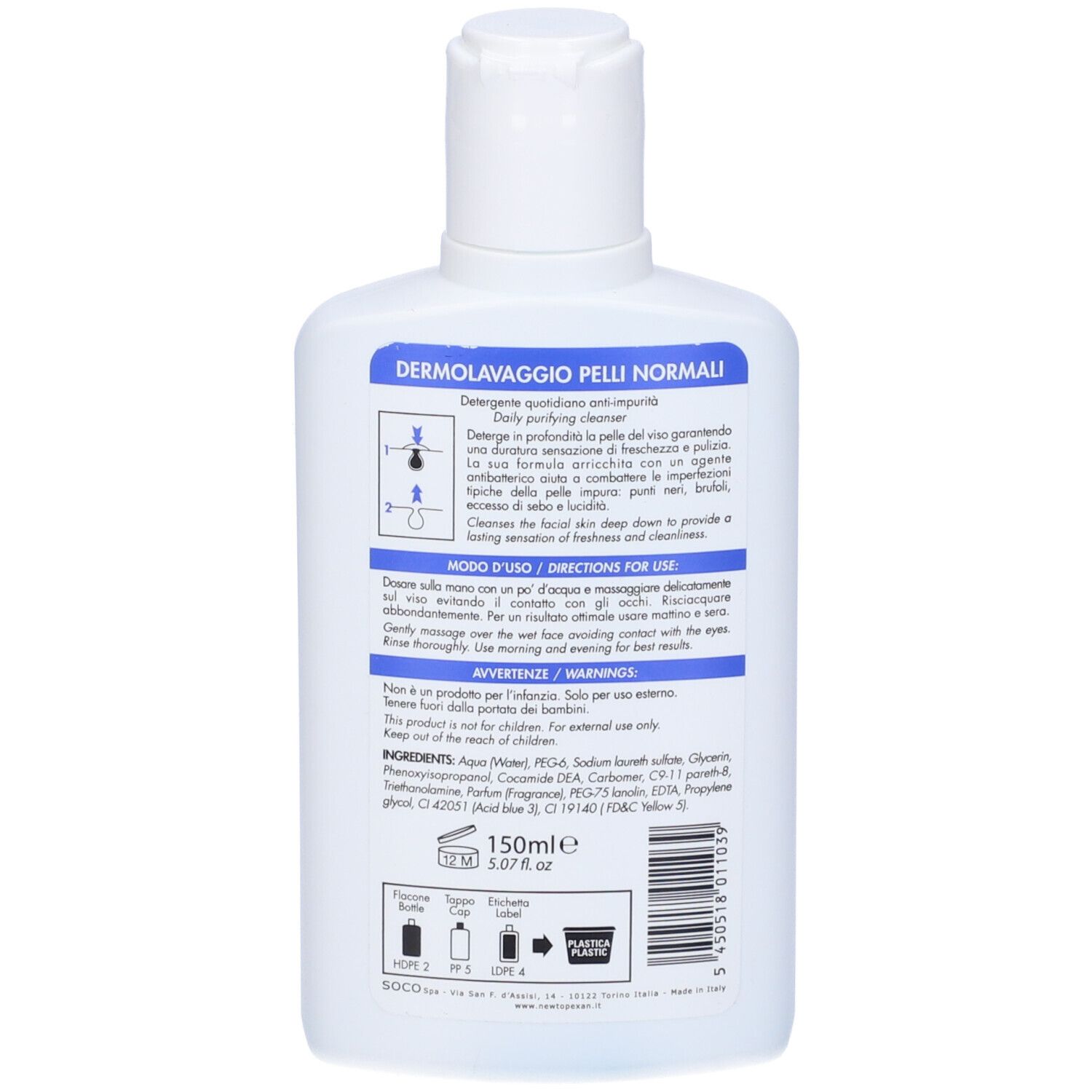 Retro del flacone bianco. Testo: Dermolavaggio Pelli Normali. Ingredienti e istruzioni per l'uso.