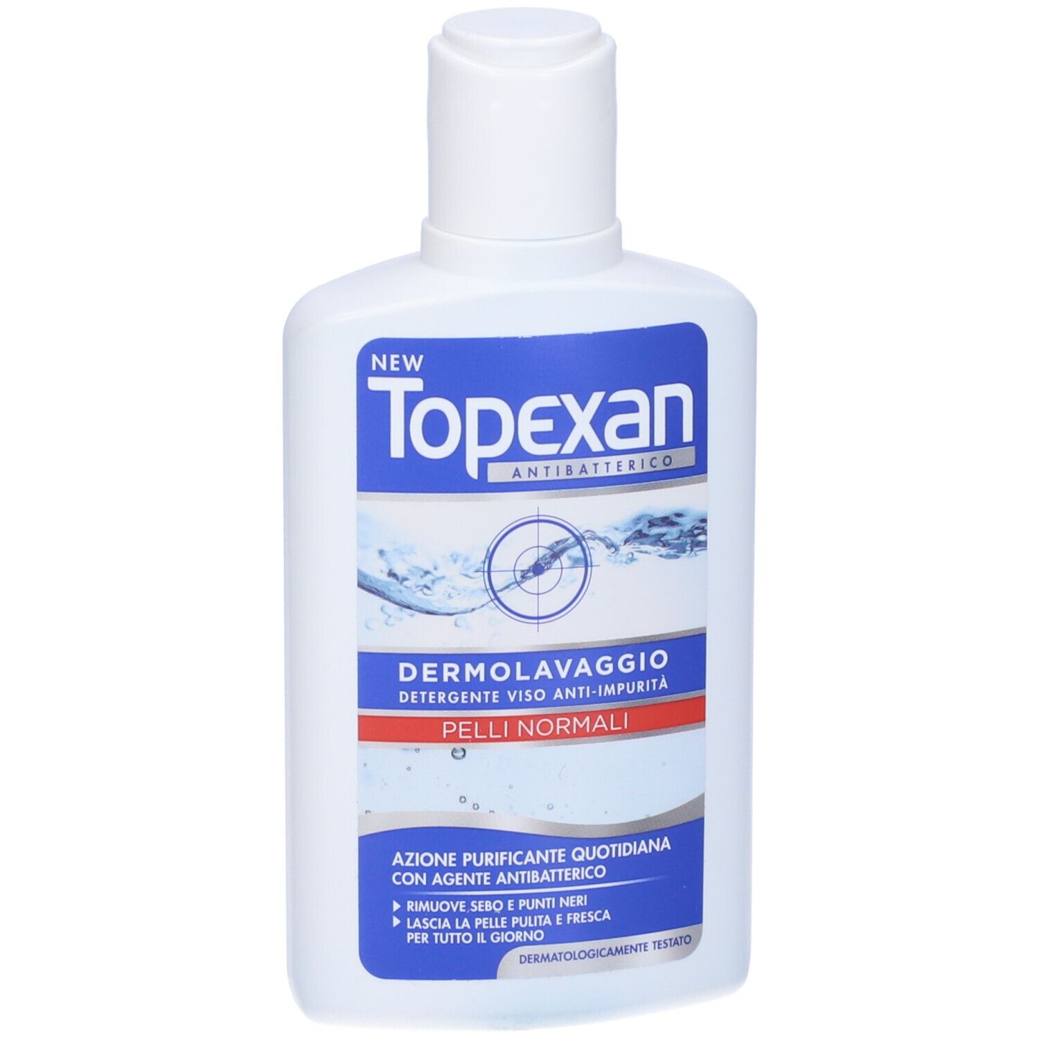 Flacone bianco con etichetta blu. Testo: TopExan, Dermolavaggio, Pelli Normali. Antibatterico.